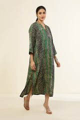 Emerald Noir Geometric Pattern Front Zipper A-Line Kurta