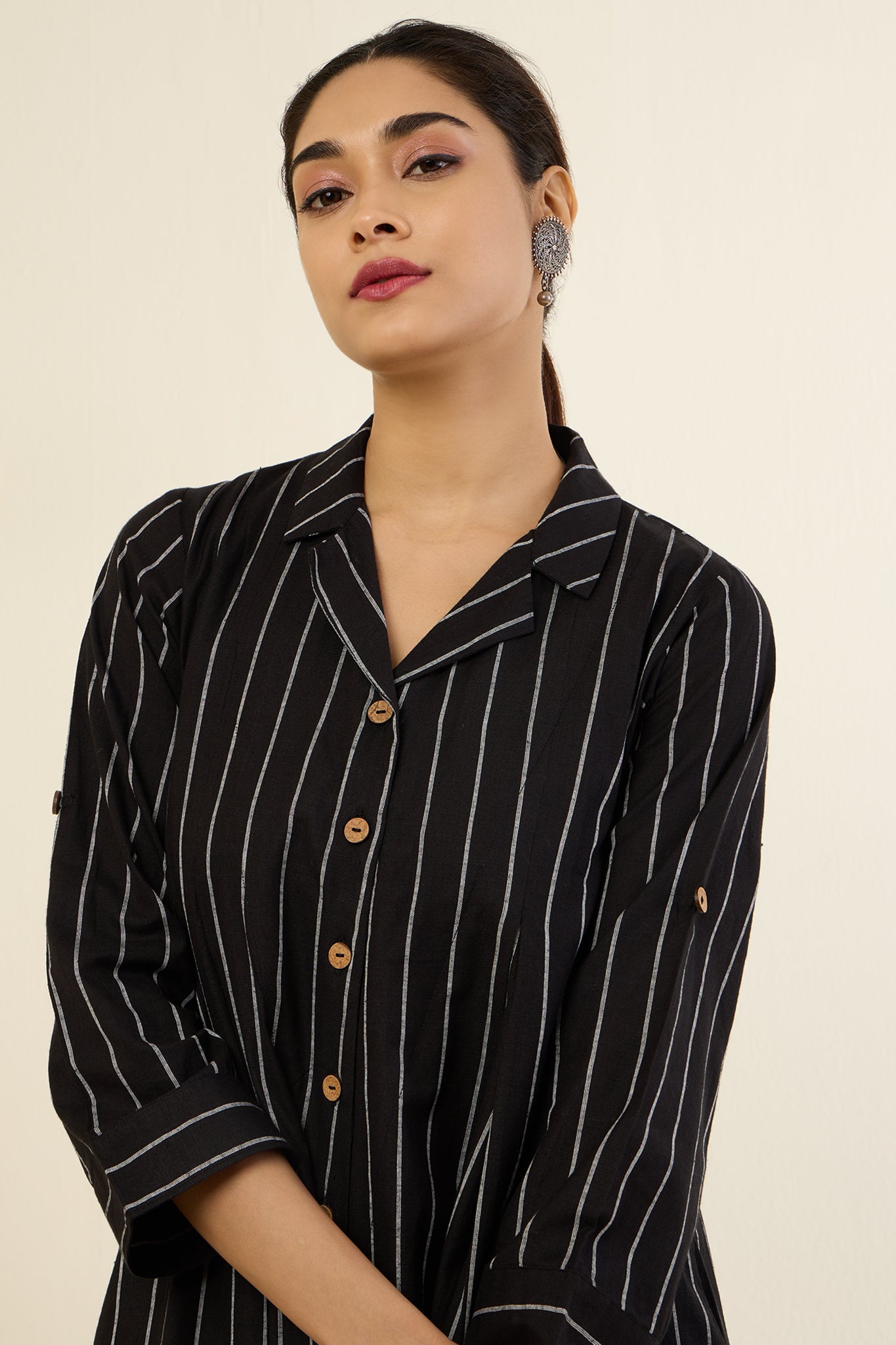 Classic Striped Monochrome Jumpsuit with Pockets & Collar