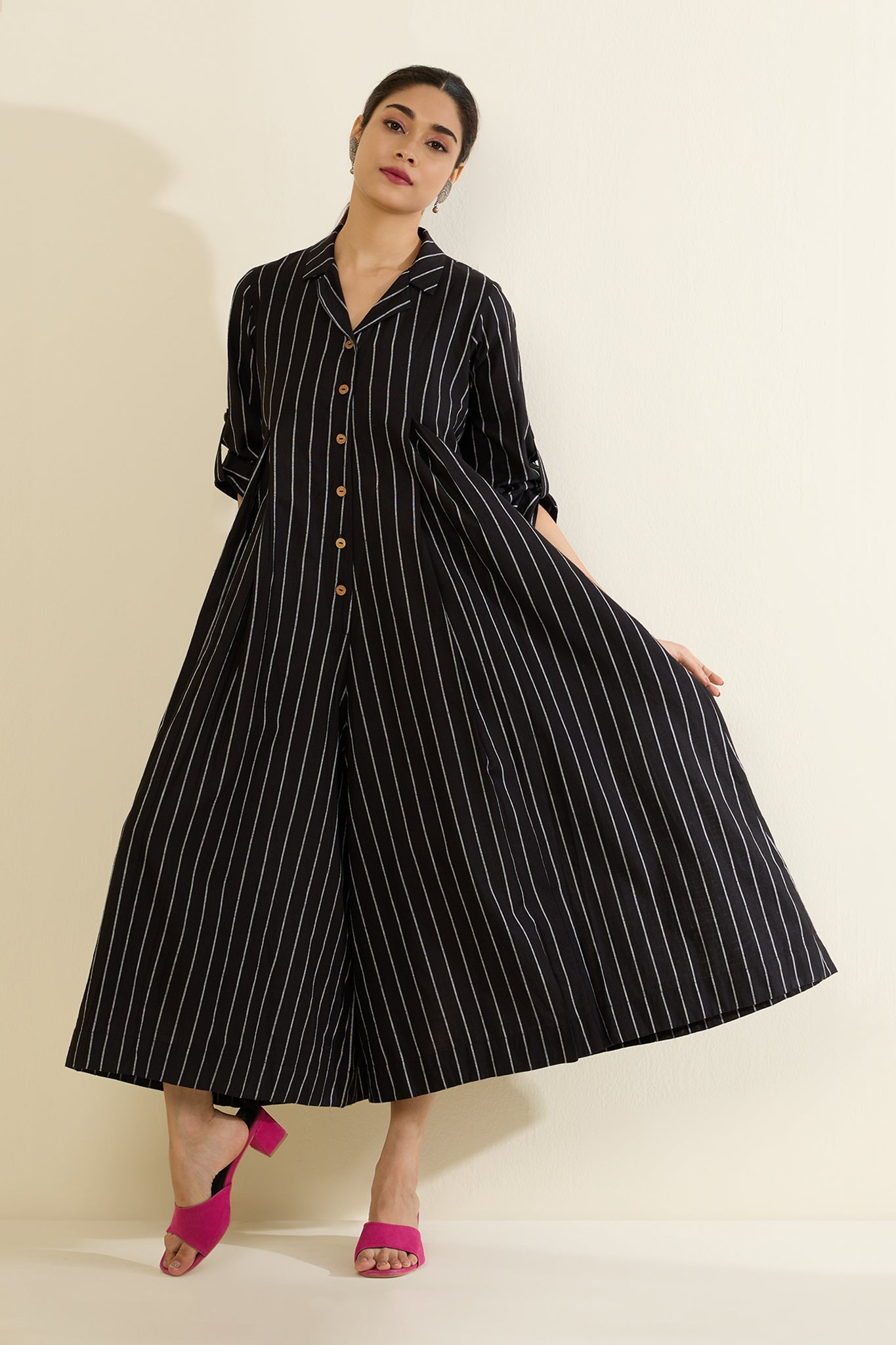 Classic Striped Monochrome Jumpsuit with Pockets & Collar