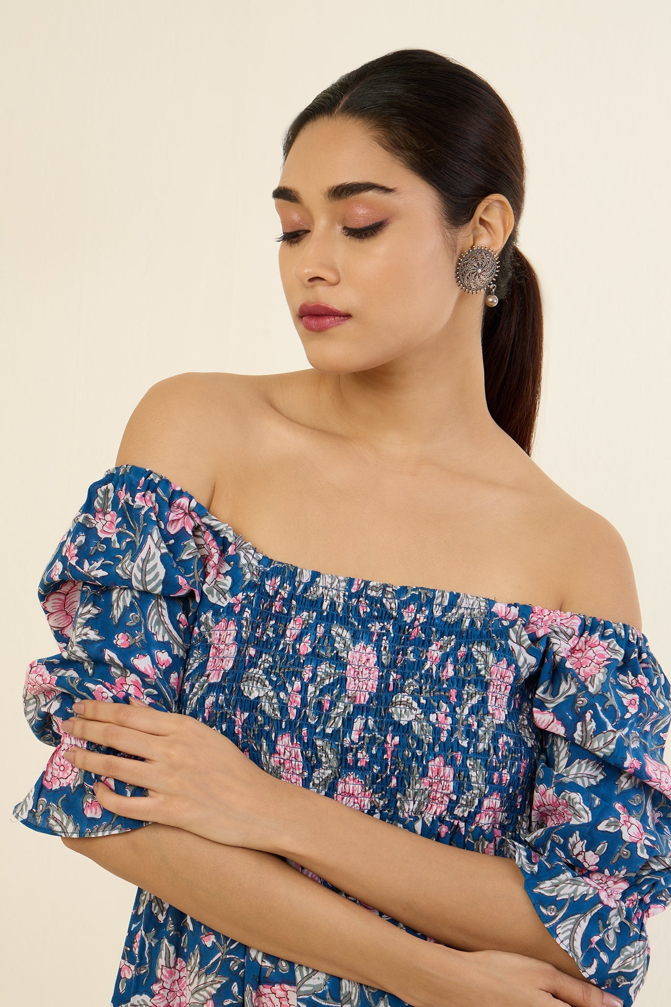 Azure Blush & Enchanted Garden Off Shoulder Smocked Jumpsuit