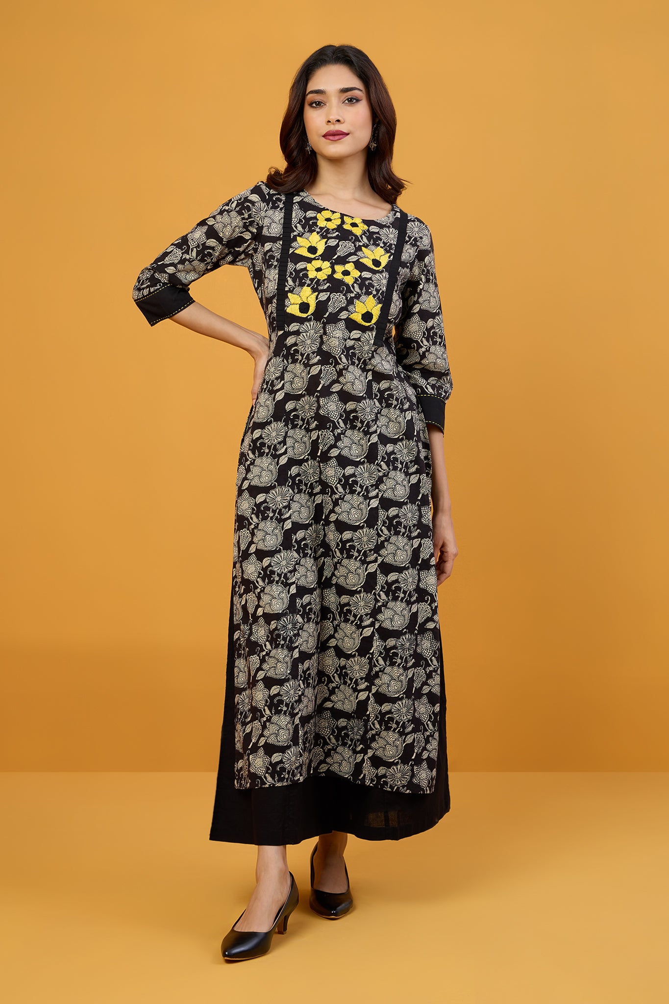 Midnight Marigolds Long Kurta With Yoke & Slit