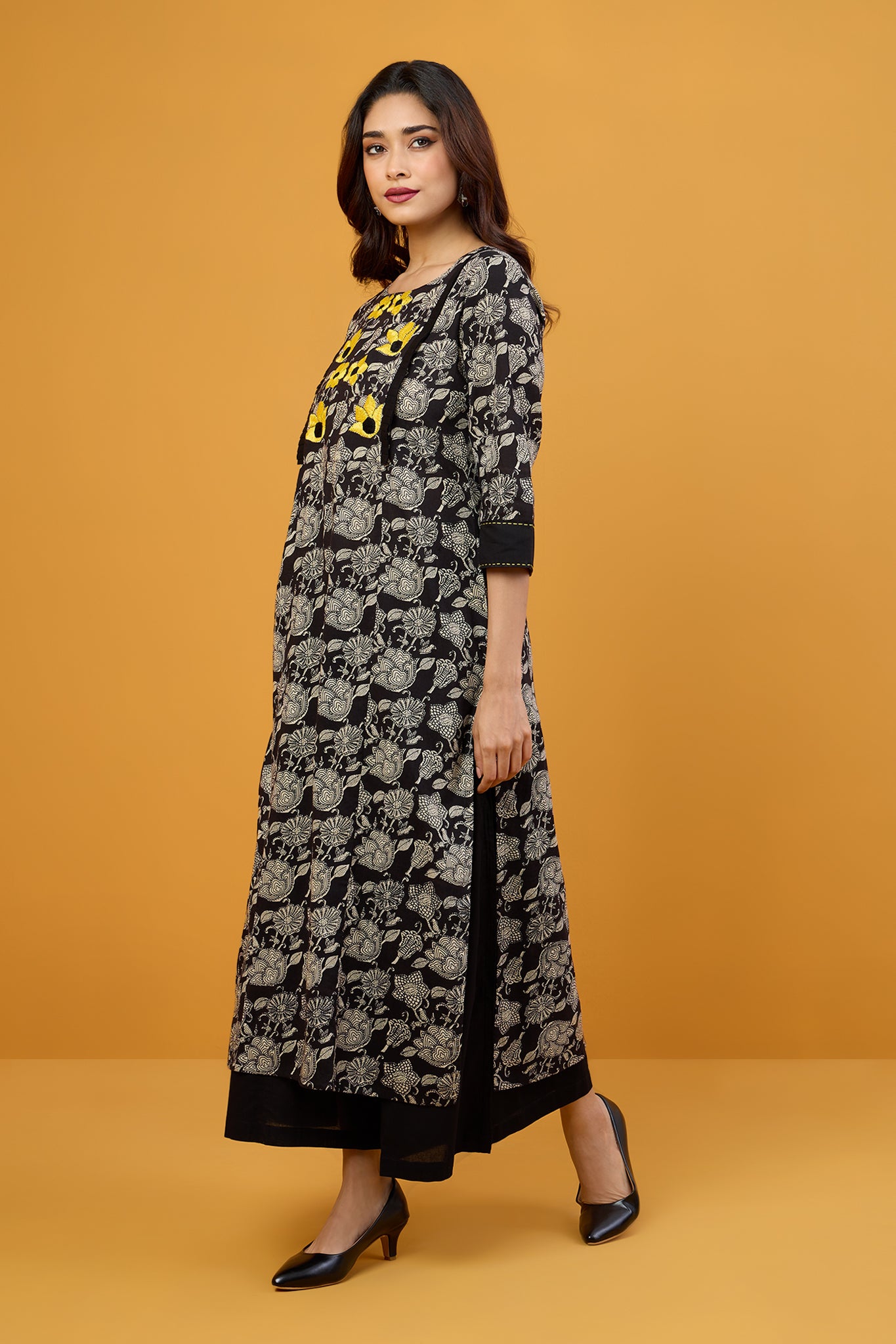 Midnight Marigolds Long Kurta With Yoke & Slit