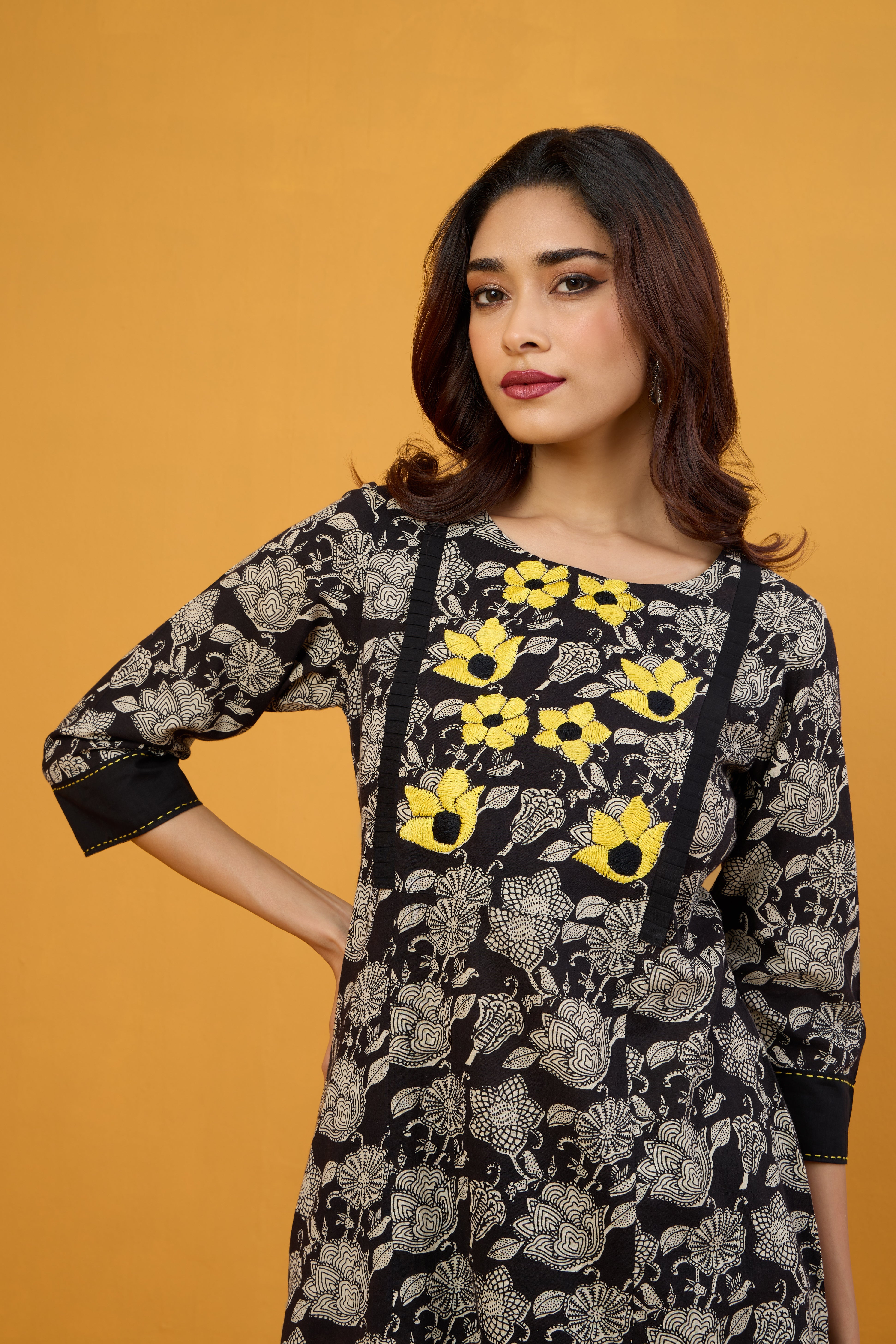 Midnight Marigolds Long Kurta With Yoke & Slit