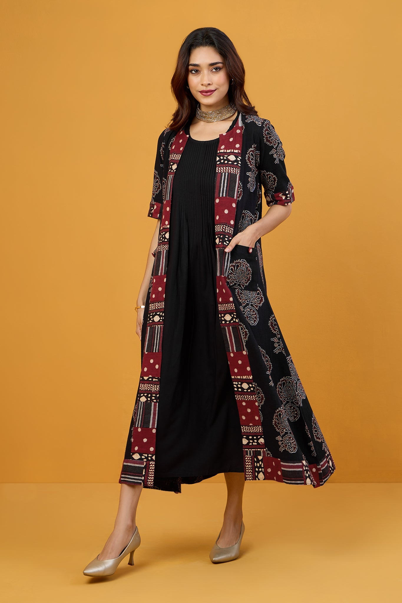 Midnight Floral Dream Long Jacket With Pockets