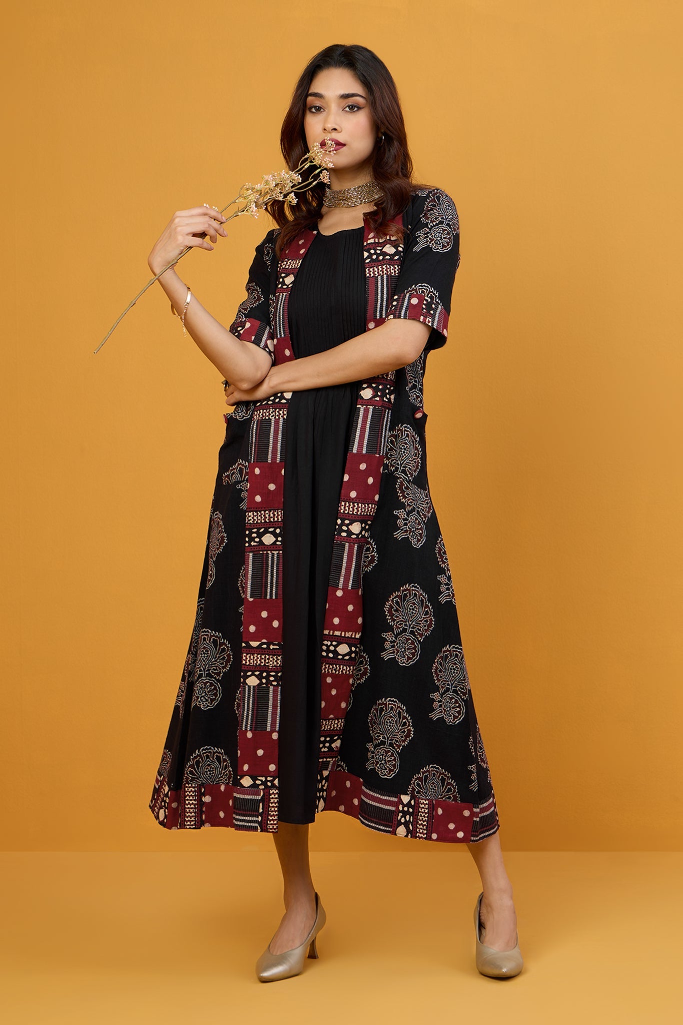 Midnight Floral Dream Long Jacket With Pockets