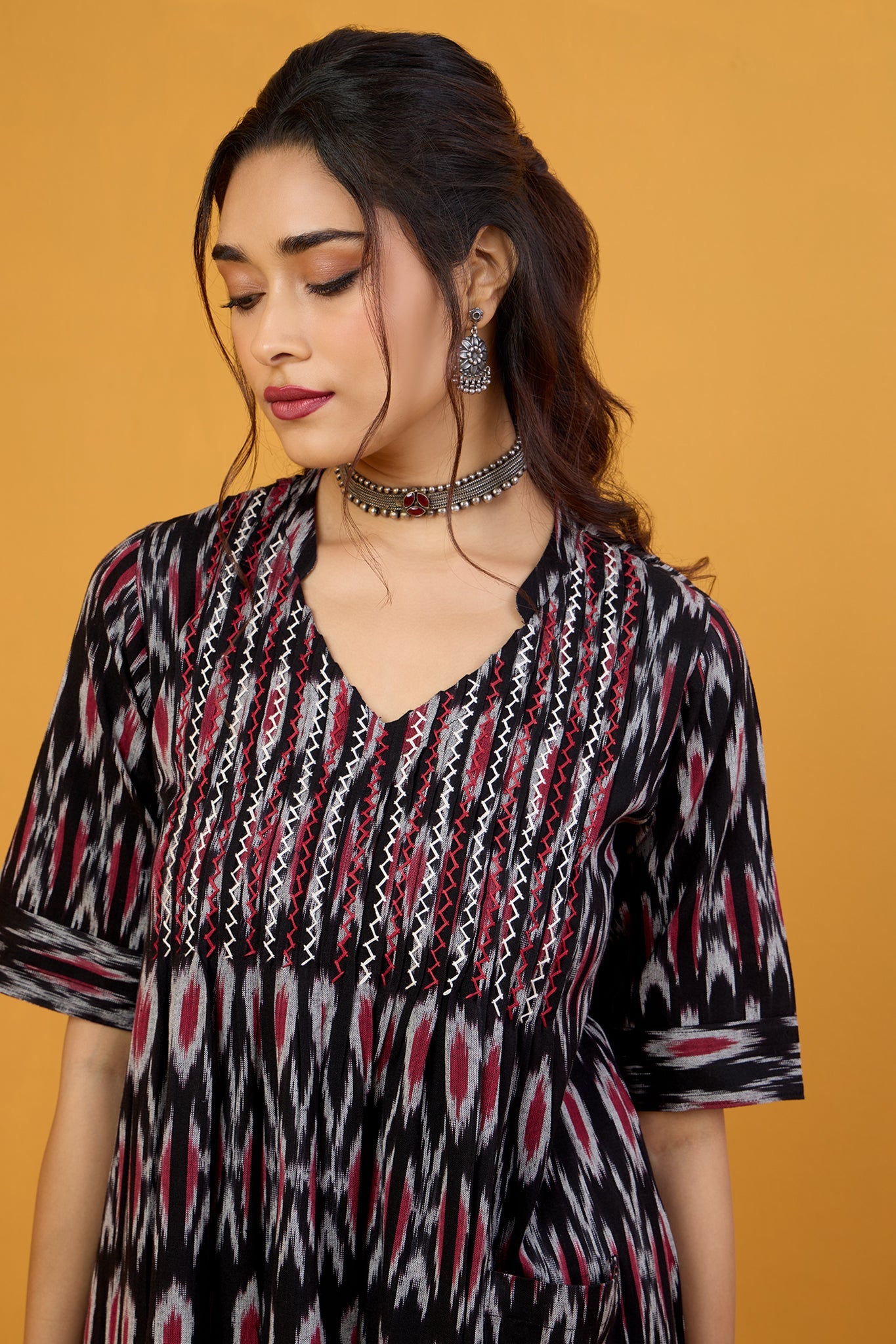 Ebony Ruby Fusion Stand Collar Pintuck Kurta