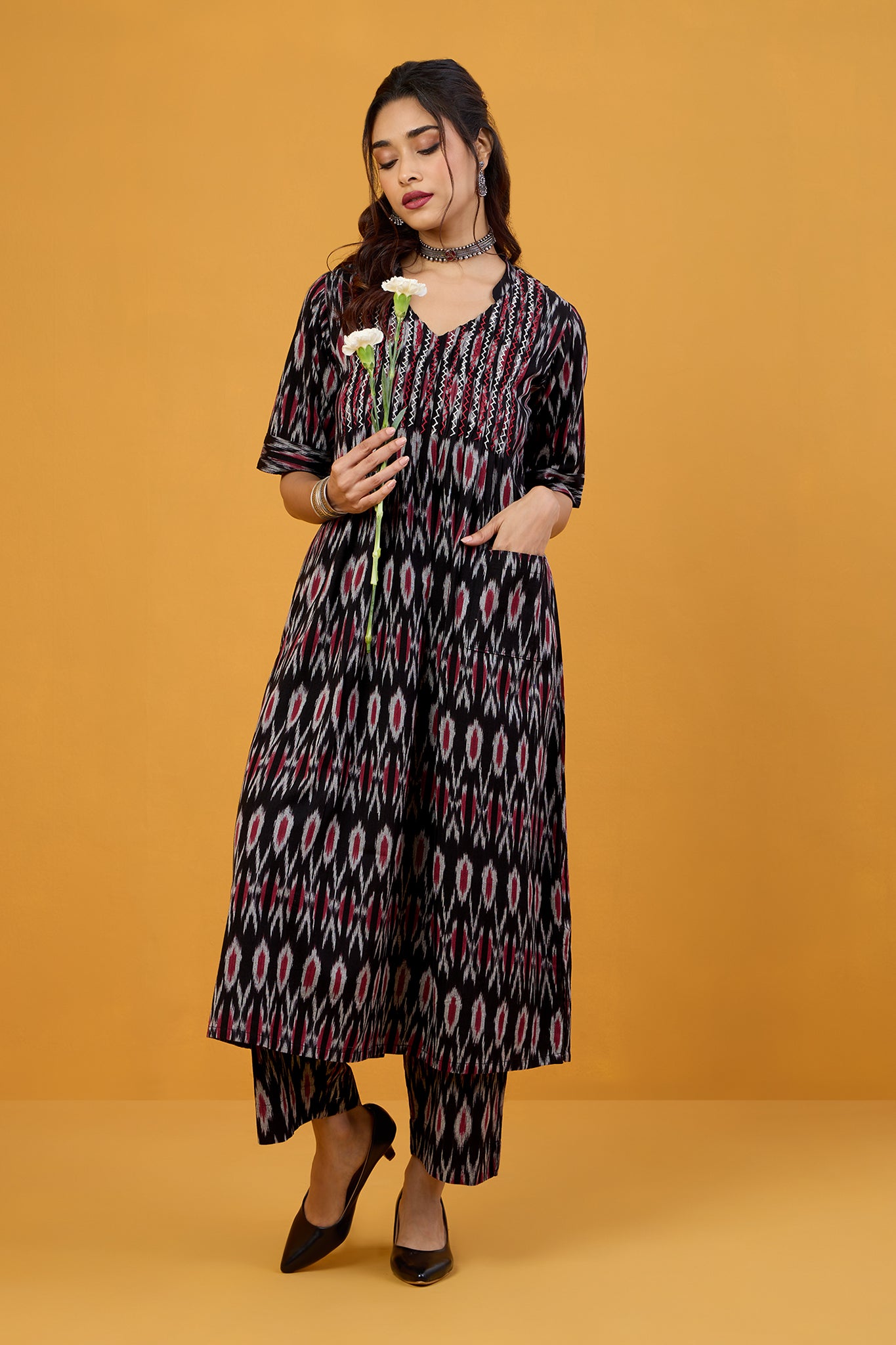 Ebony Ruby Fusion Stand Collar Pintuck Kurta