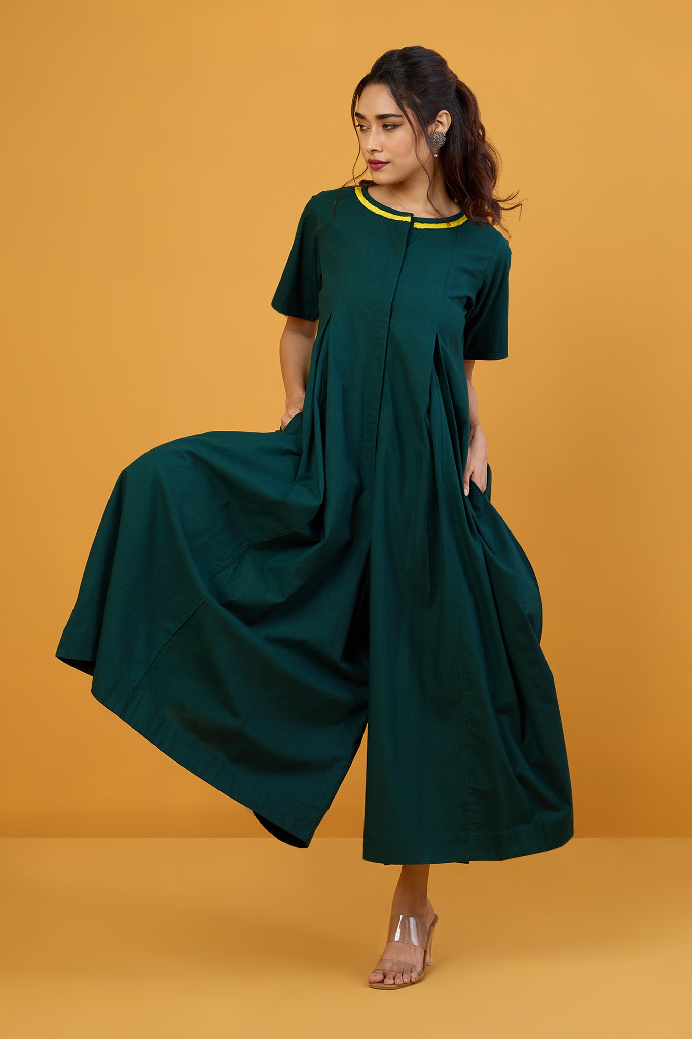 Button Down Jumpsuit With pockets Whispers of Forest Glow