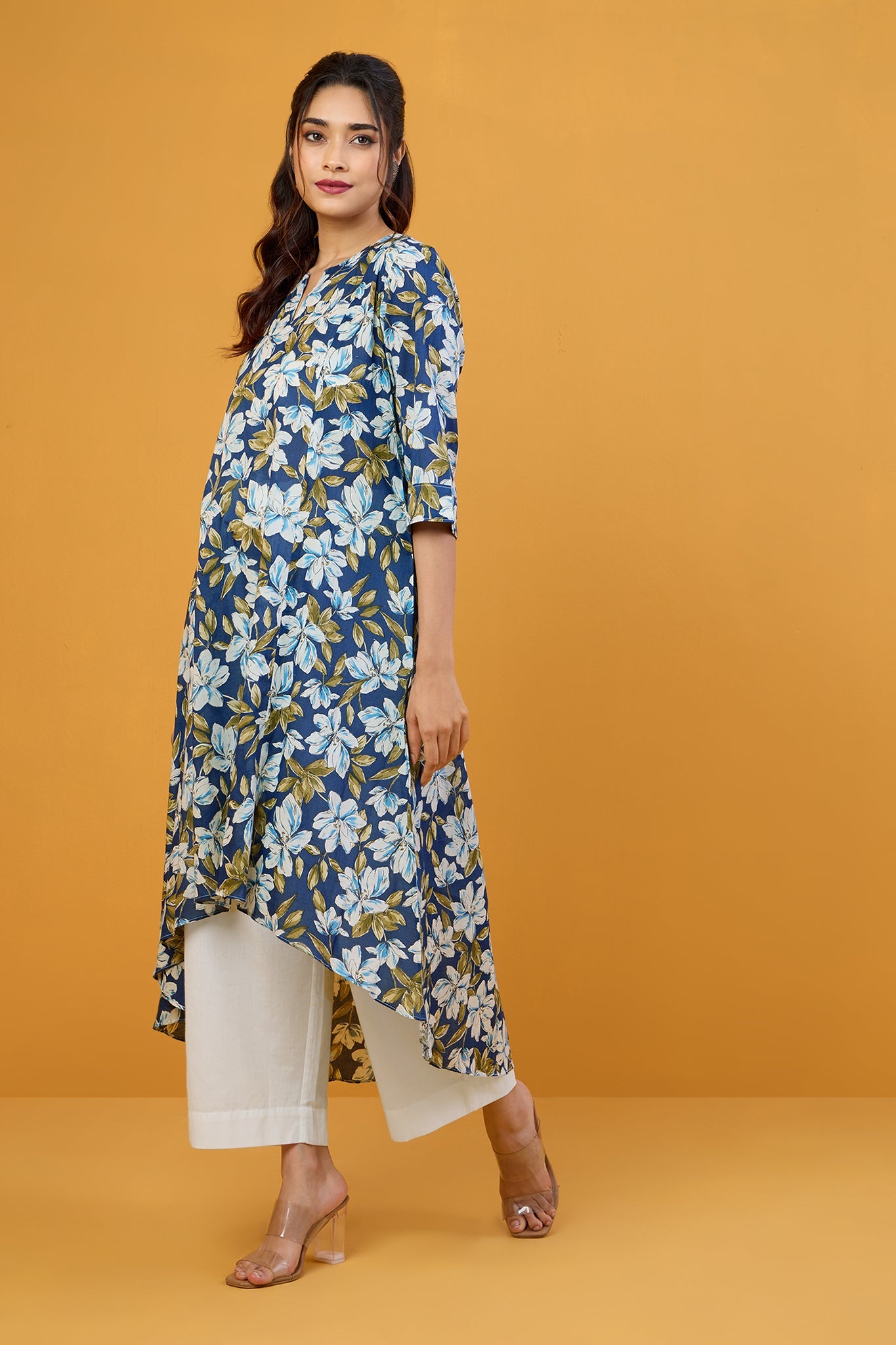 Blue Iris White Blooms Asymmetrical Waterfall Kurta