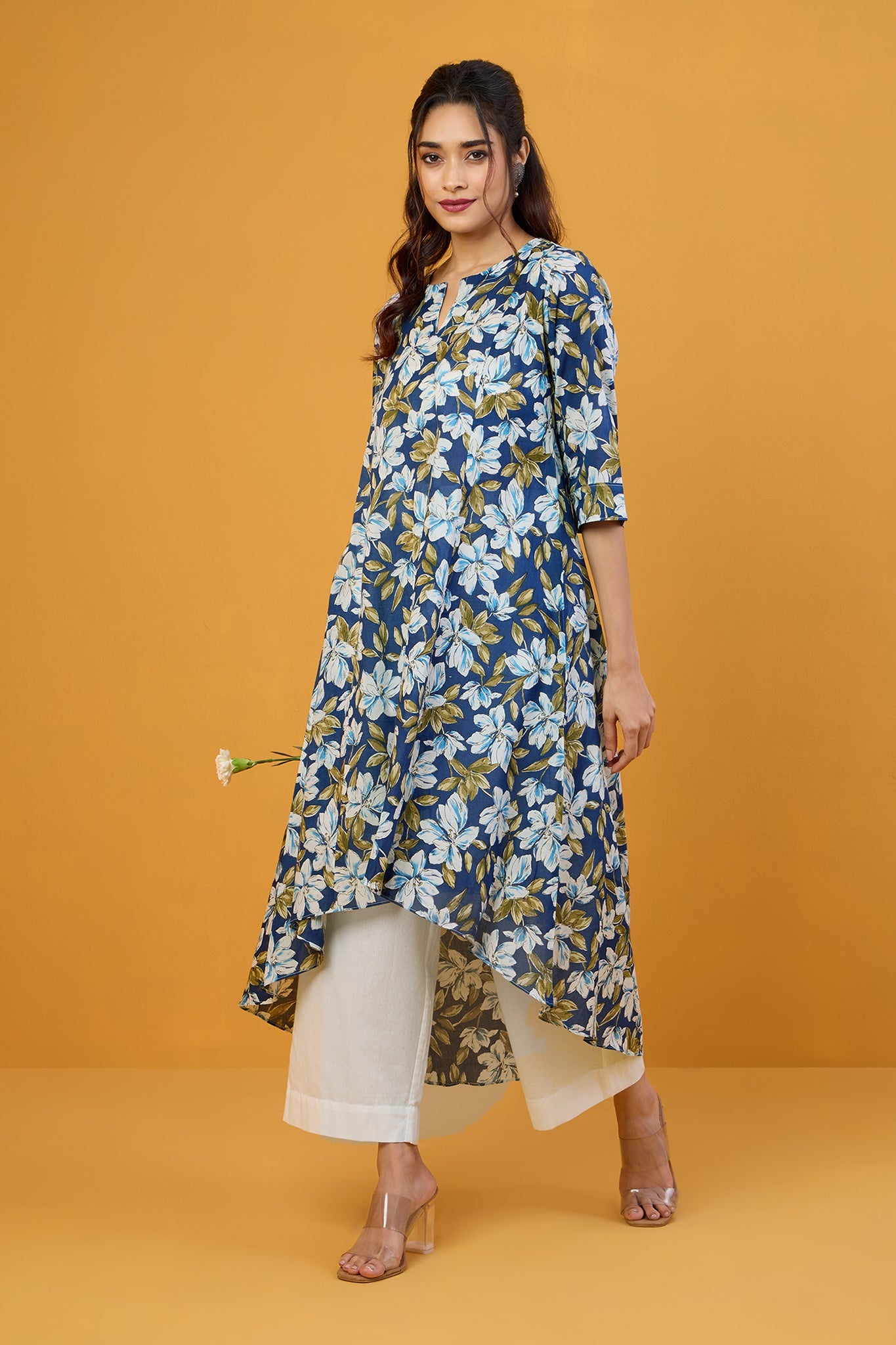 Blue Iris White Blooms Asymmetrical Waterfall Kurta