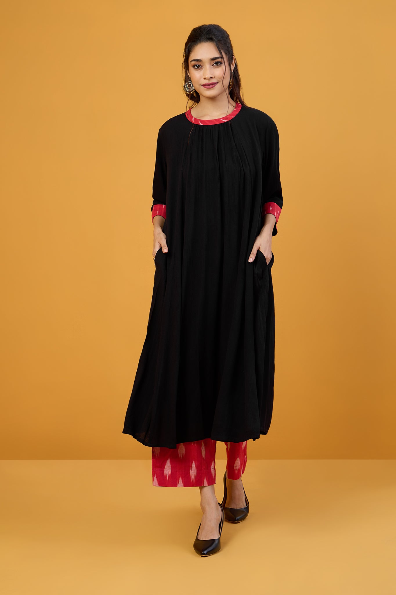 Fiery Nightfall Crew Neck A Line Gather Dress