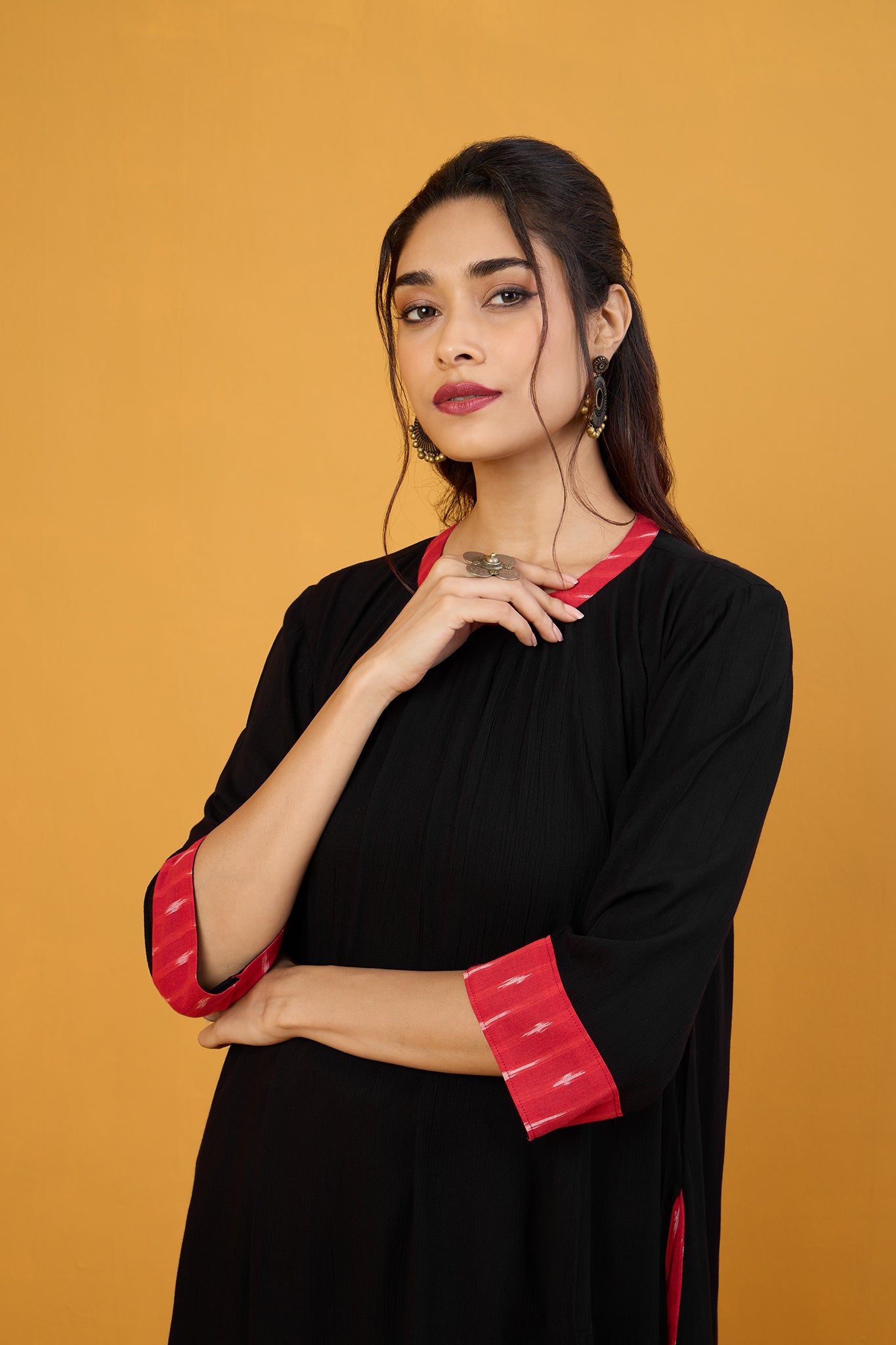 Fiery Nightfall Crew Neck A Line Gather Dress