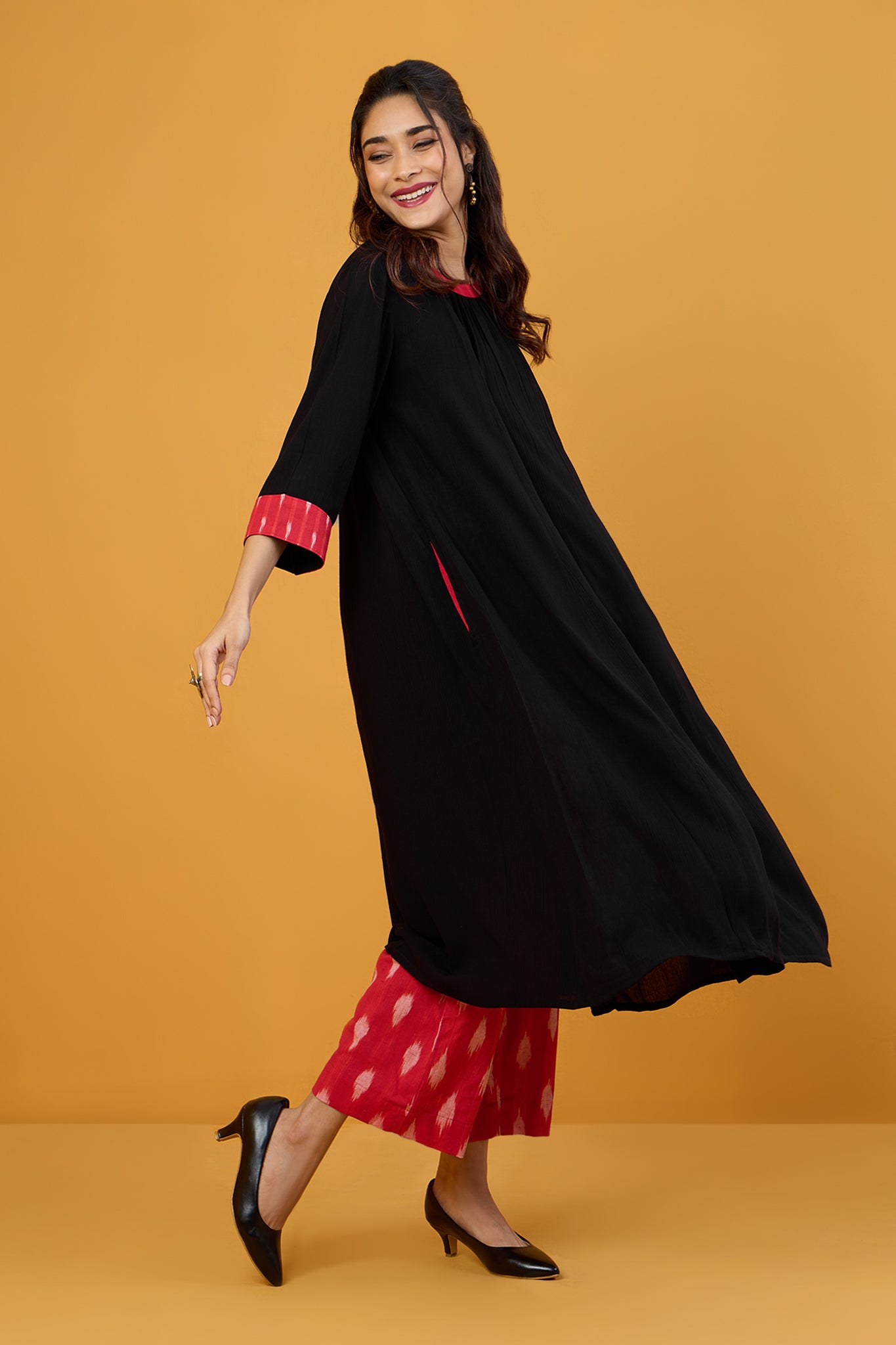 Fiery Nightfall Crew Neck A Line Gather Dress