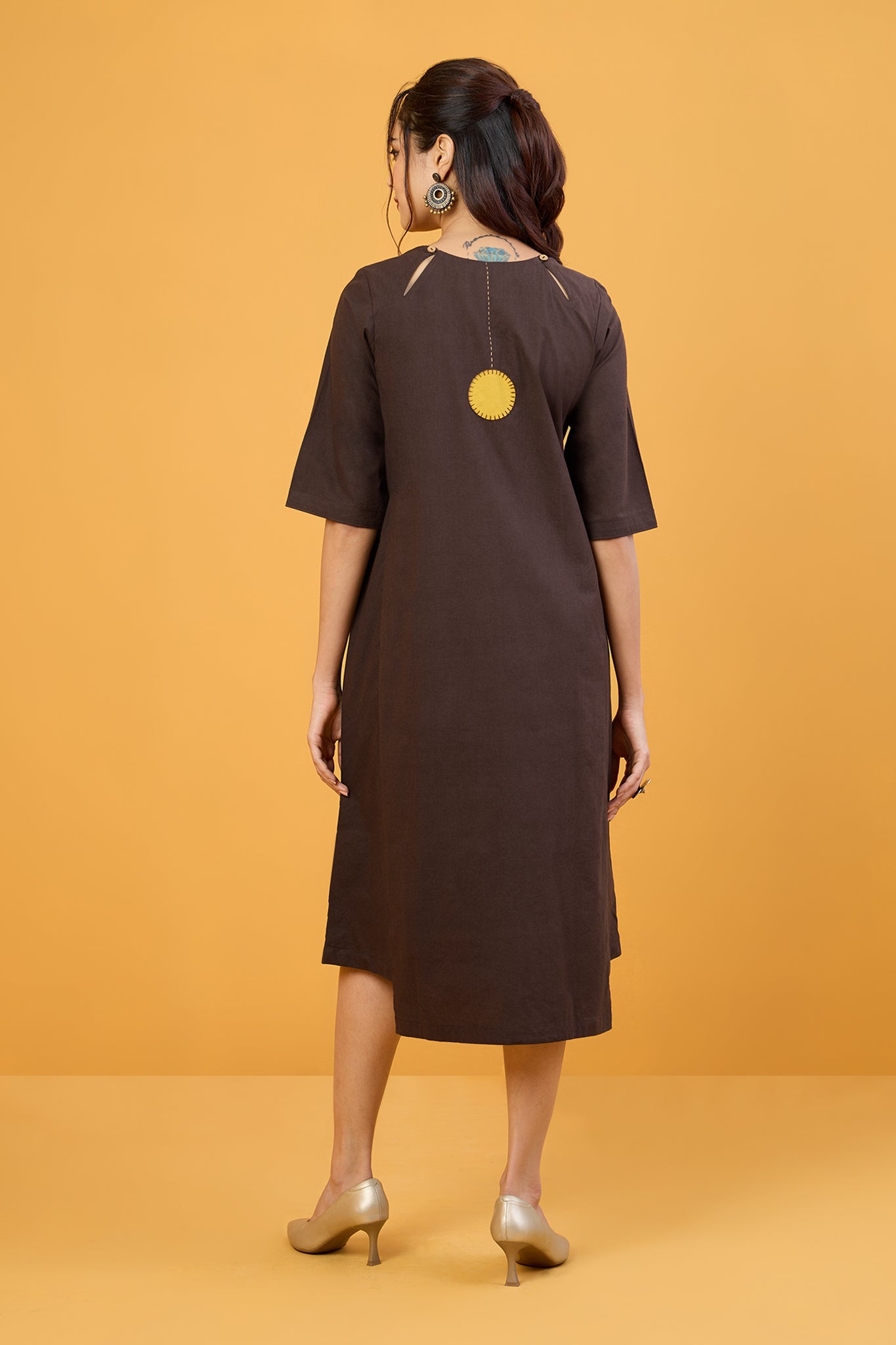 Golden Cocoa Dots Applique Side Bias Shift Dress