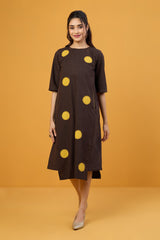 Golden Cocoa Dots Applique Side Bias Shift Dress