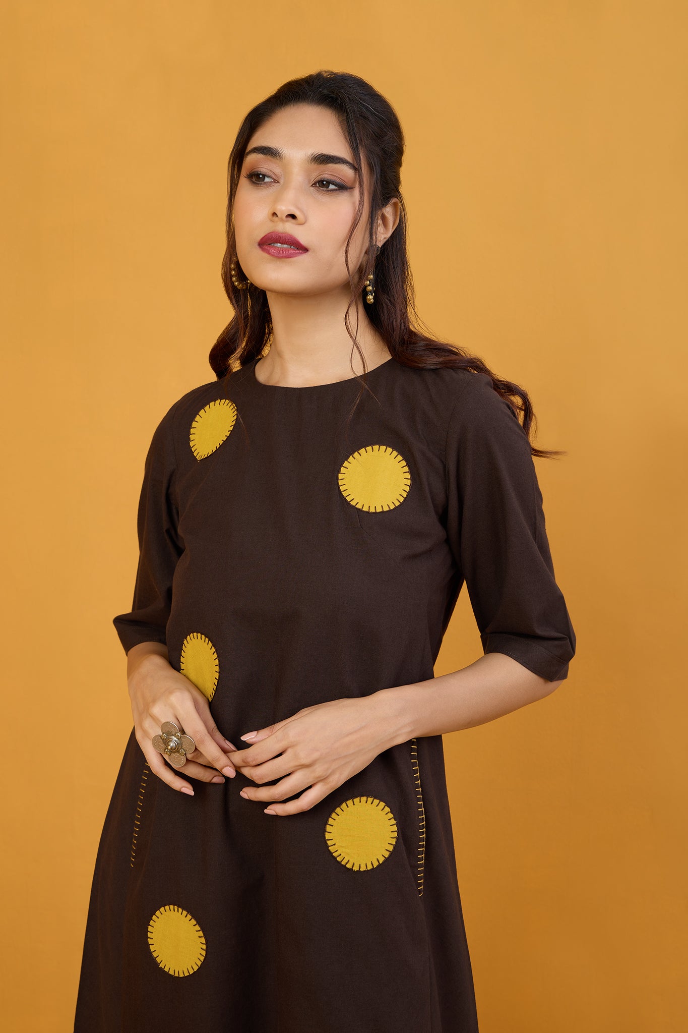 Golden Cocoa Dots Applique Side Bias Shift Dress