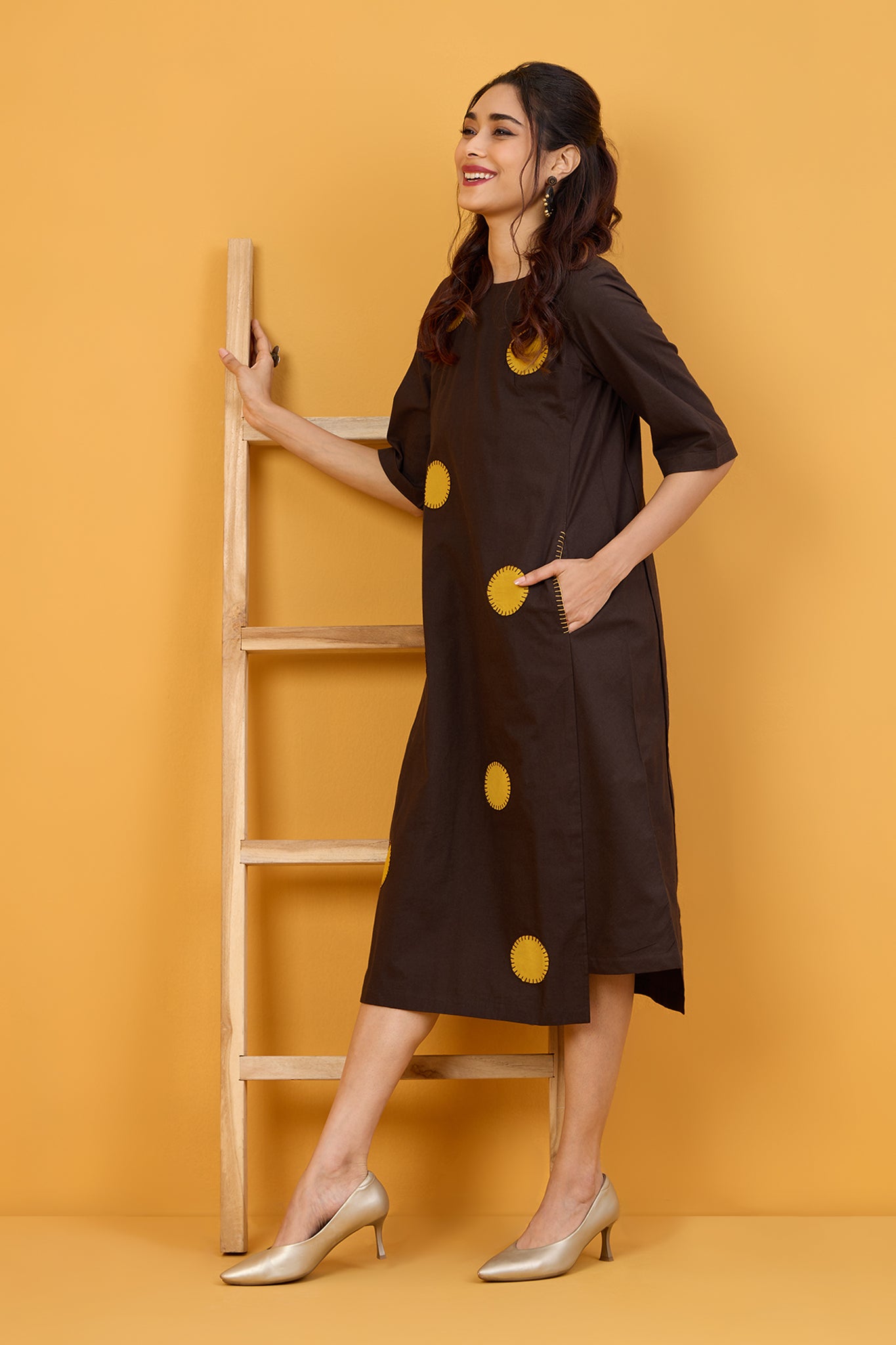 Golden Cocoa Dots Applique Side Bias Shift Dress