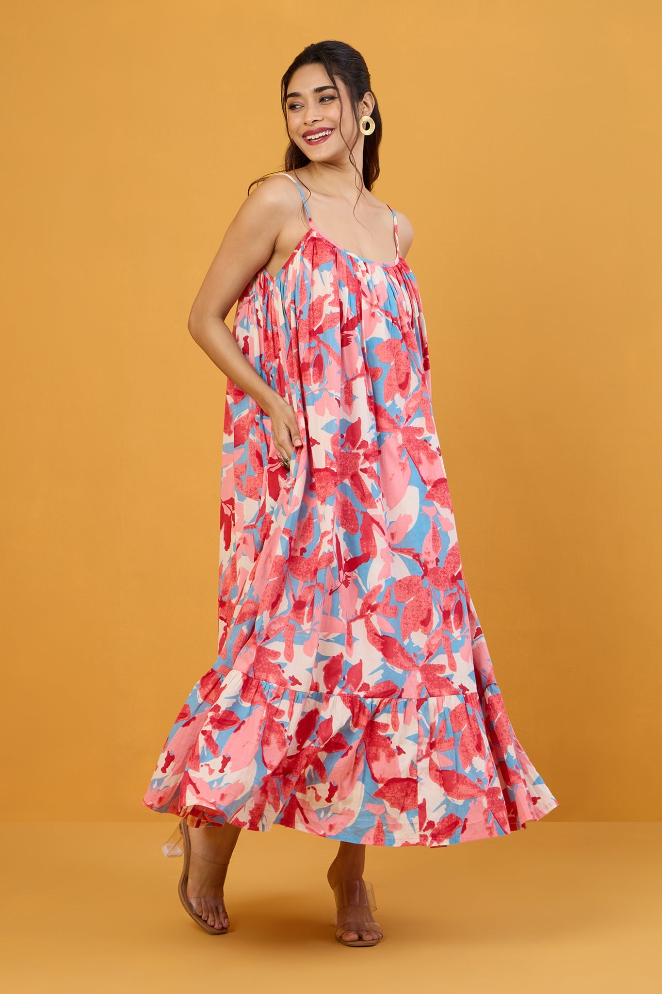Blush Blue Pastel Roses Long Ruffle Strap Dress
