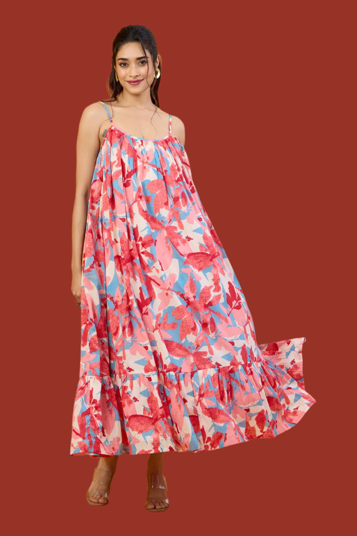 Blush Blue Pastel Roses Long Ruffle Strap Dress