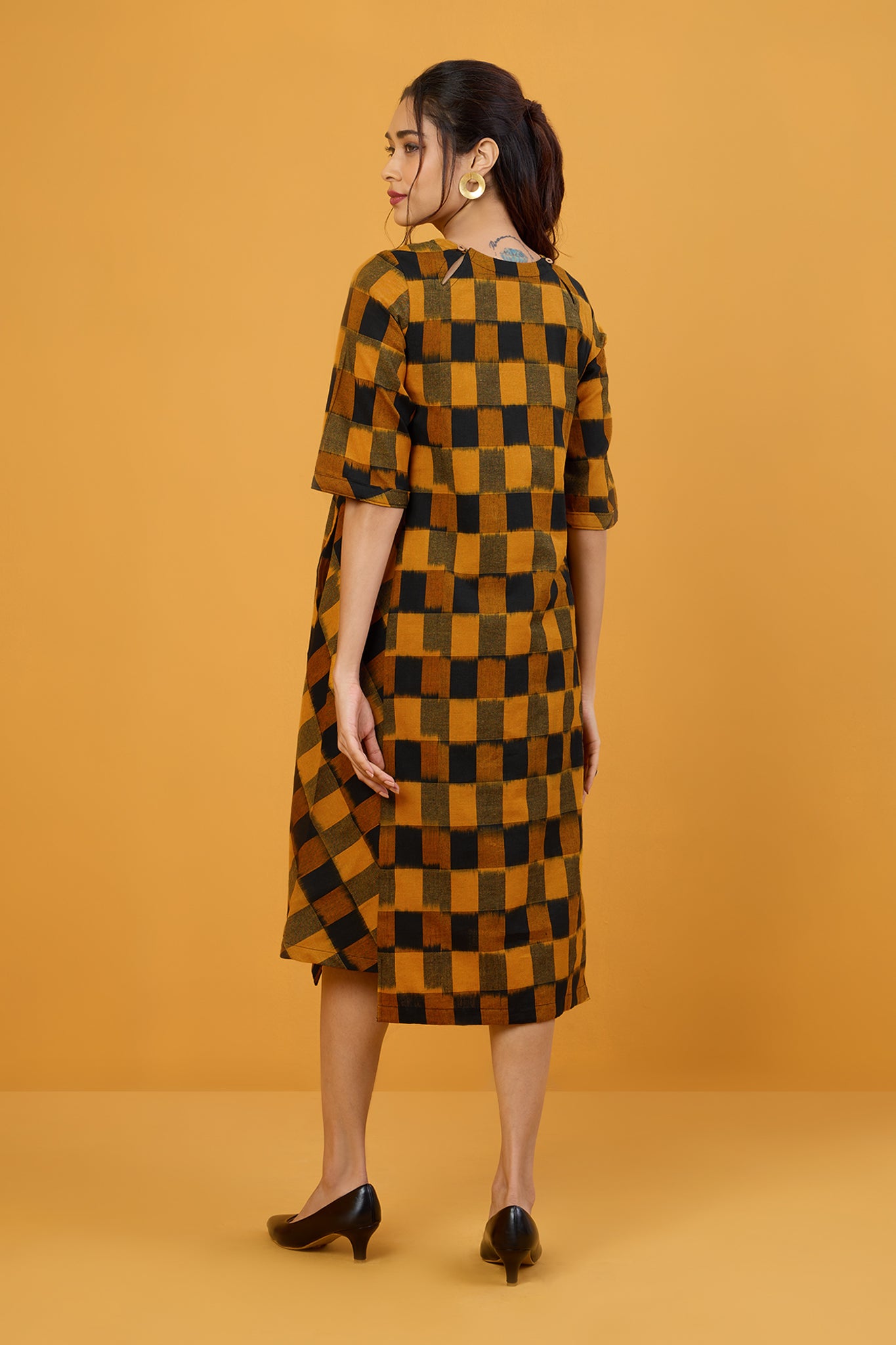 Golden Noir Checks Side Bias Shift Dress