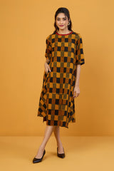 Golden Noir Checks Side Bias Shift Dress
