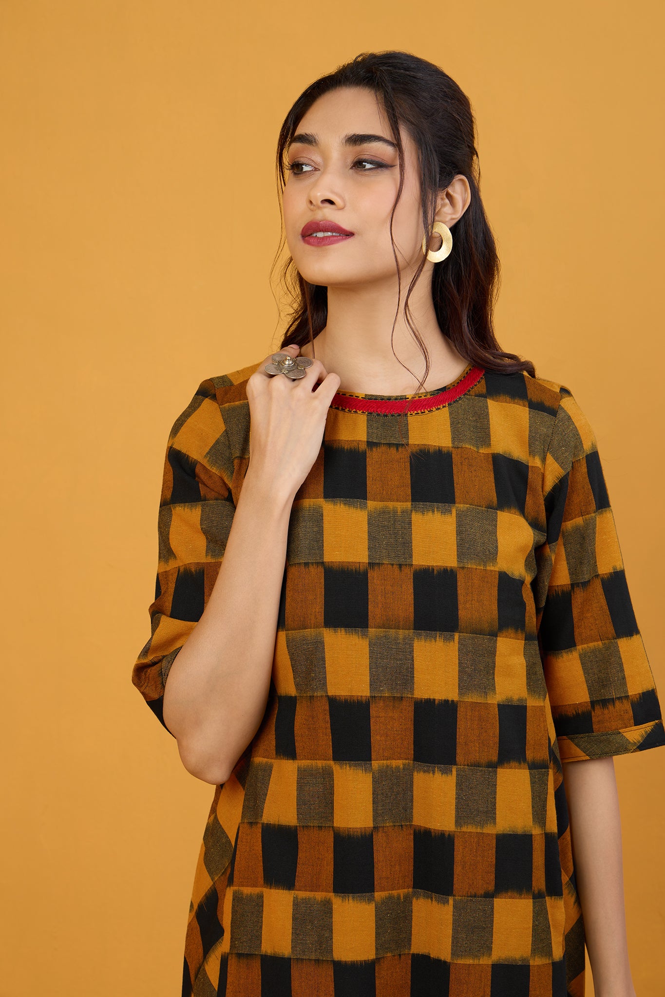 Golden Noir Checks Side Bias Shift Dress