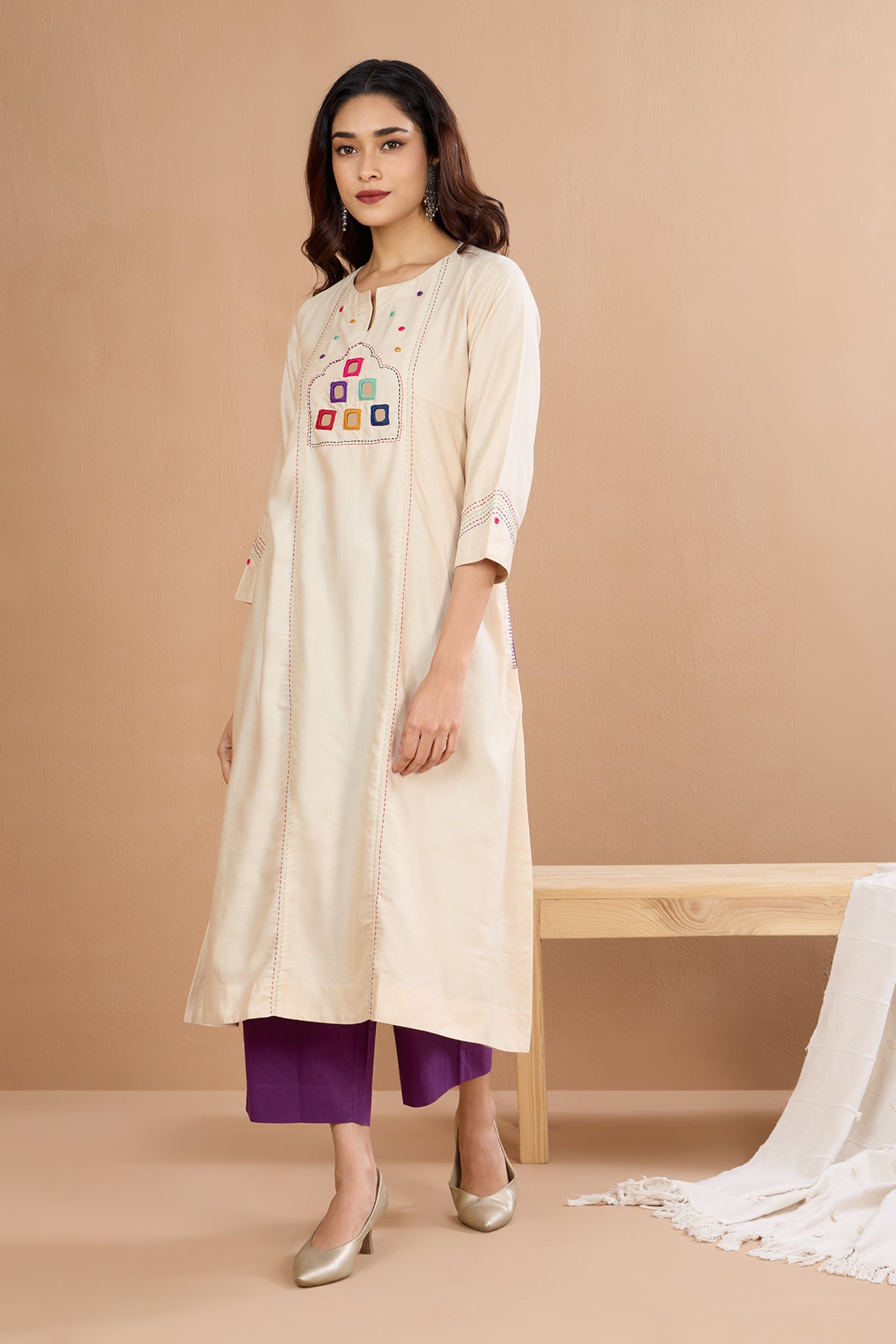 Ivory Silk Regal Reflections A-Line Panelled Kurta