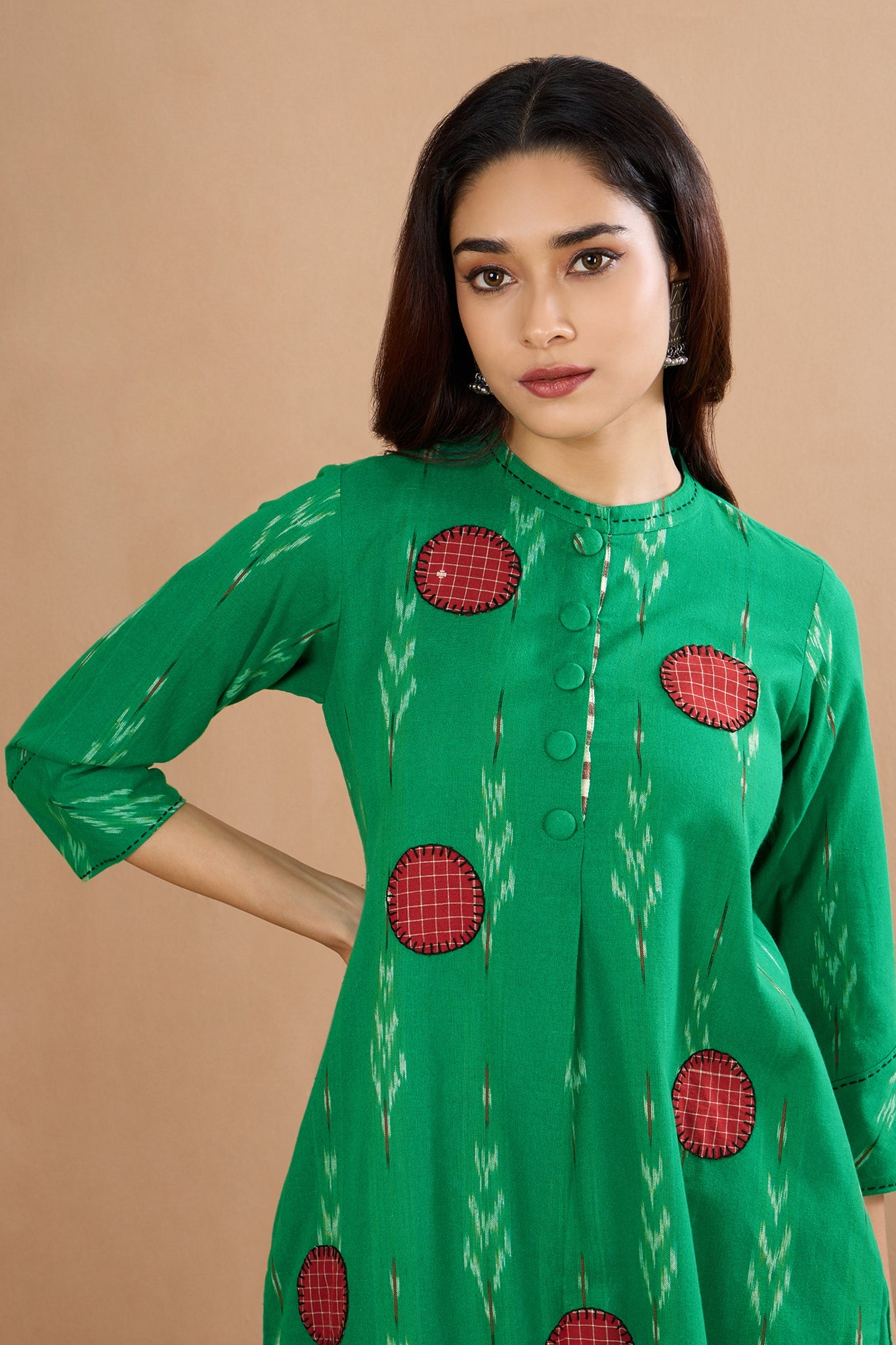 Jade & Berry Dots Applique Cotton Ikat Kurta