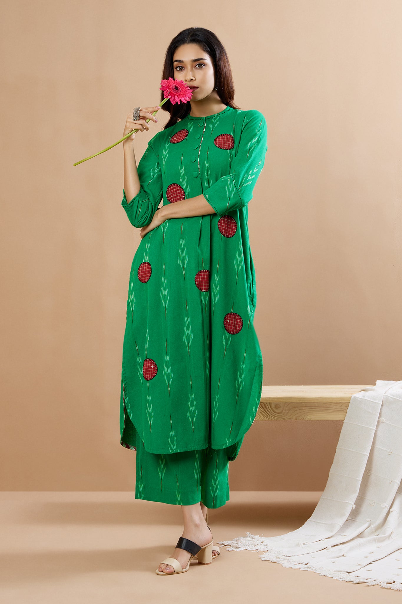 Jade & Berry Dots Applique Cotton Ikat Kurta
