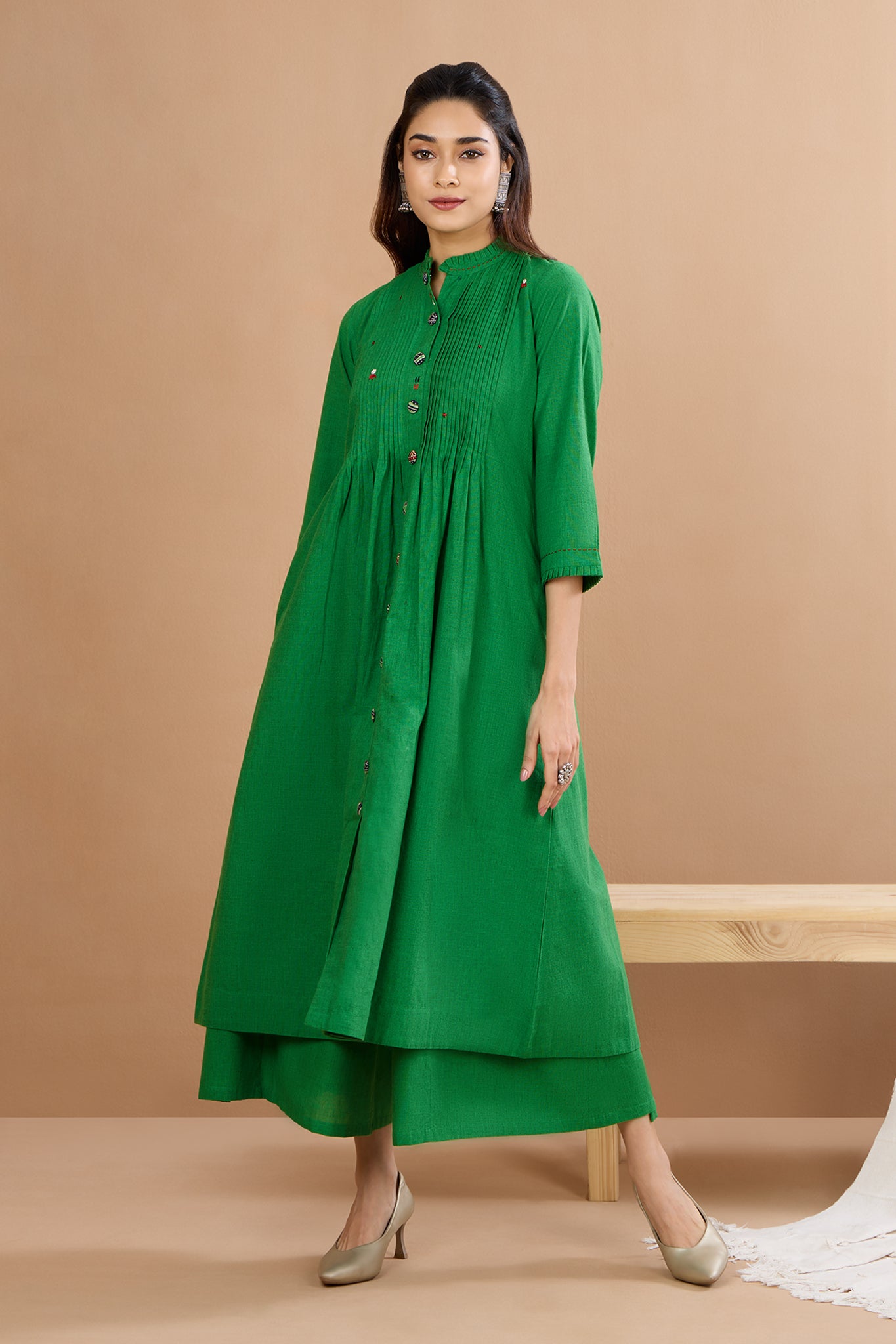 Lush Parrot Meadow Dance Pleated Neck Pintuck Dress