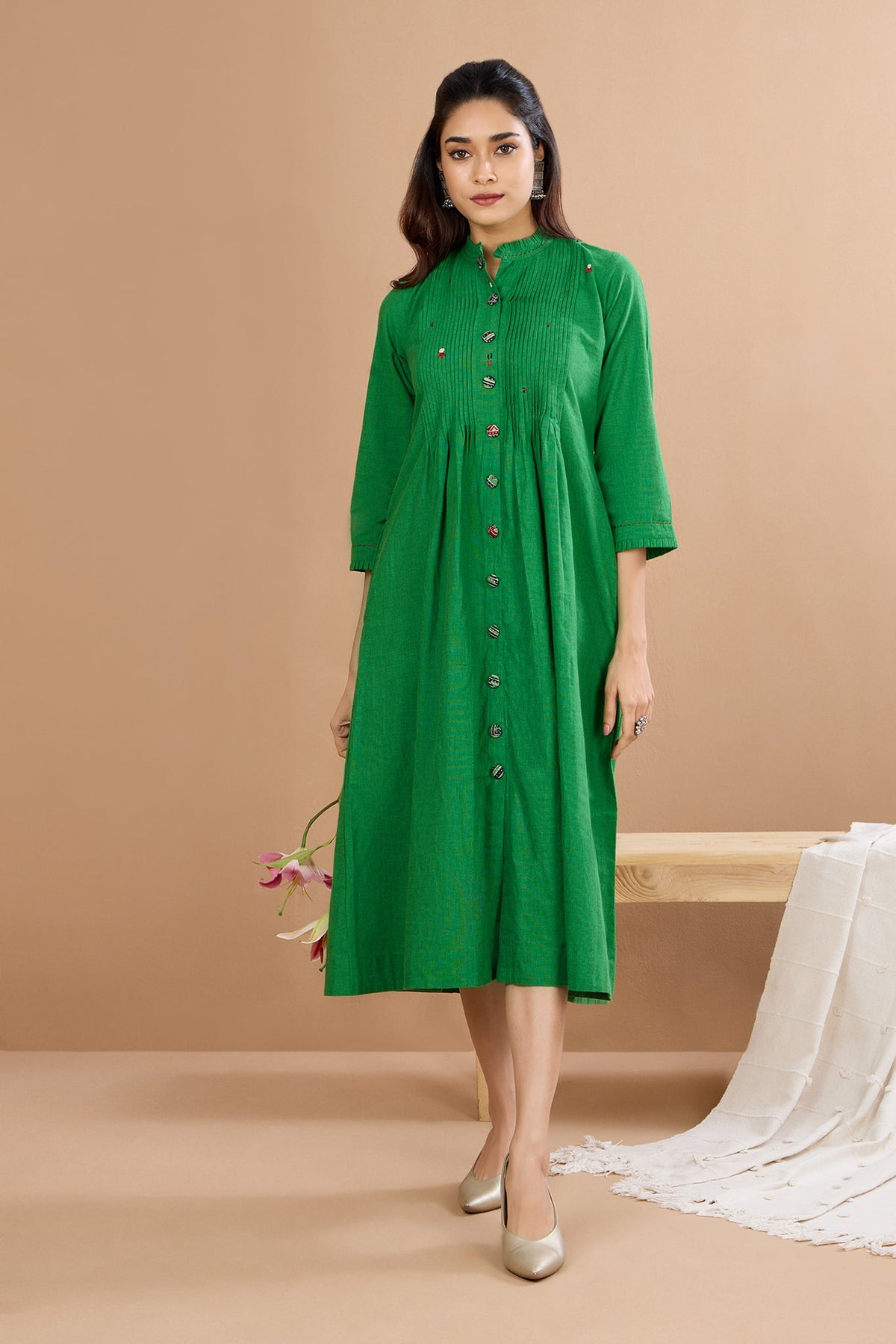Lush Parrot Meadow Dance Pleated Neck Pintuck Dress