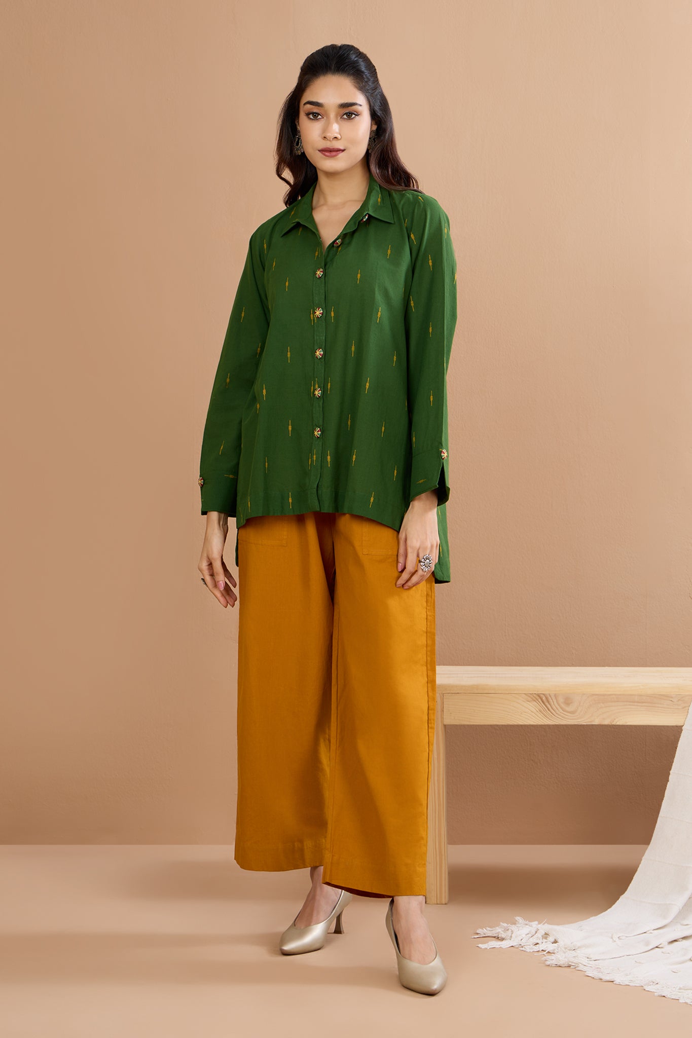 Forest Gold  Front High Low Hem Cotton Shirt (only shirt)