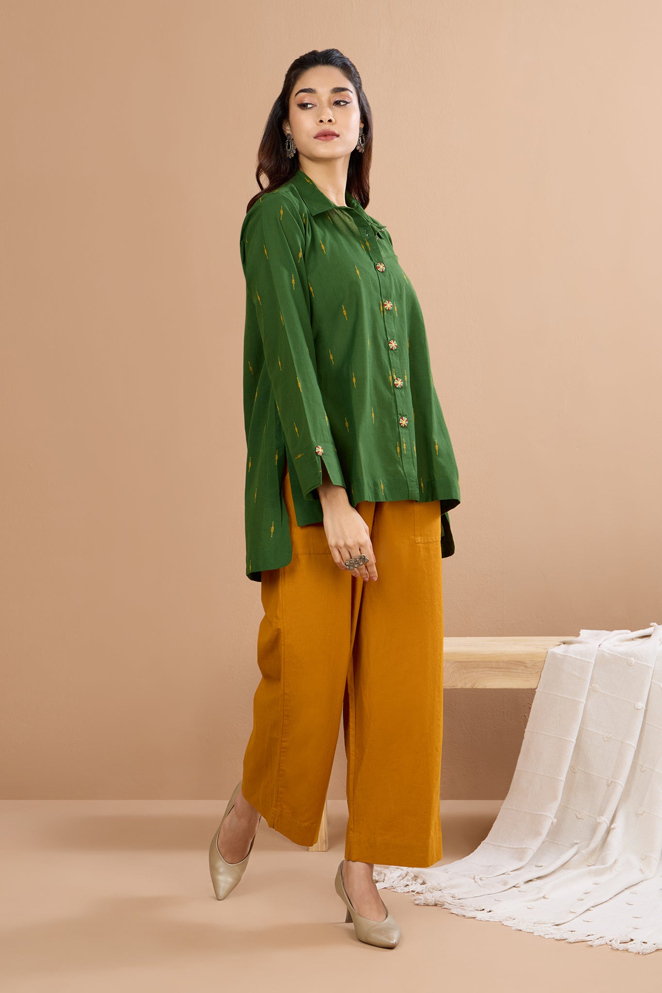 Forest Gold  Front High Low Hem Cotton Shirt (only shirt)
