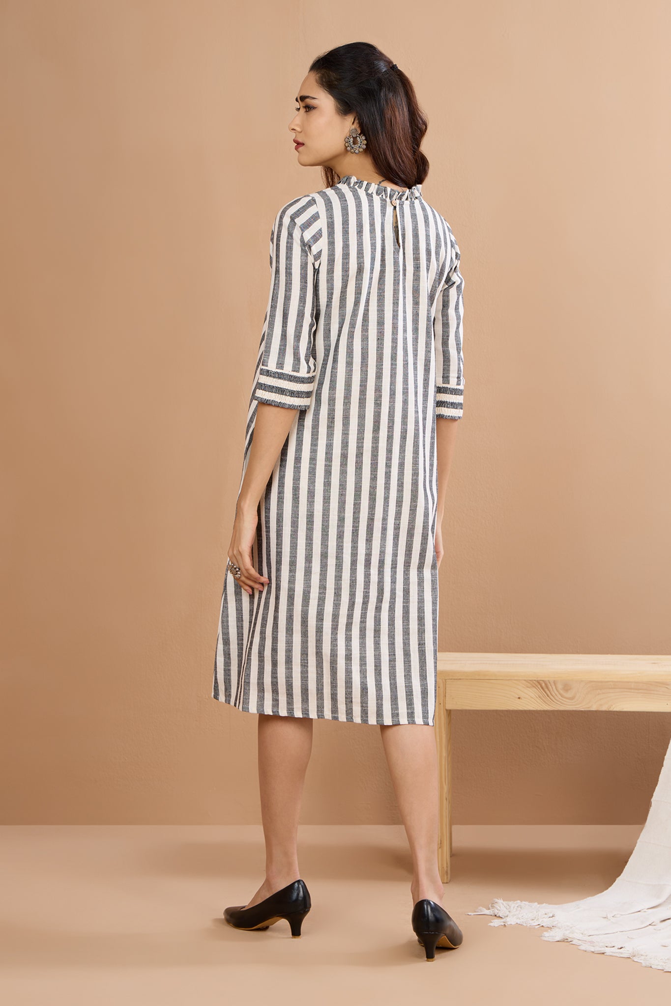 Graphite Stripes Smocked Sleeve Shift Dress