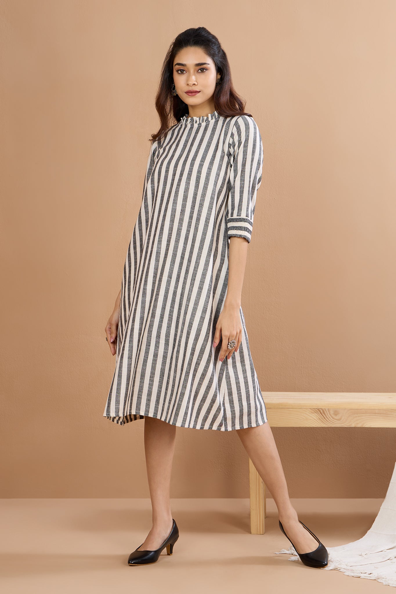 Graphite Stripes Smocked Sleeve Shift Dress