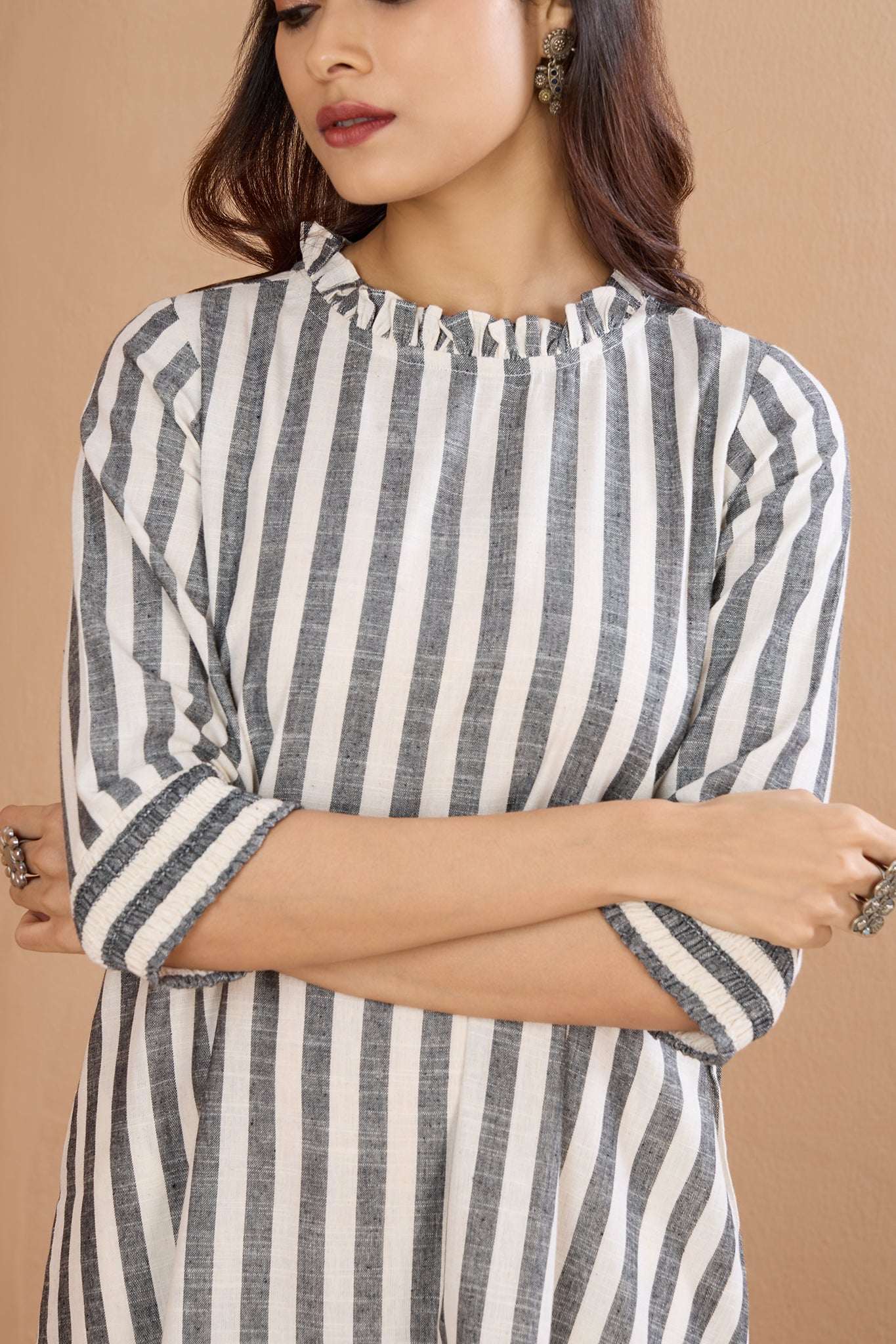 Graphite Stripes Smocked Sleeve Shift Dress