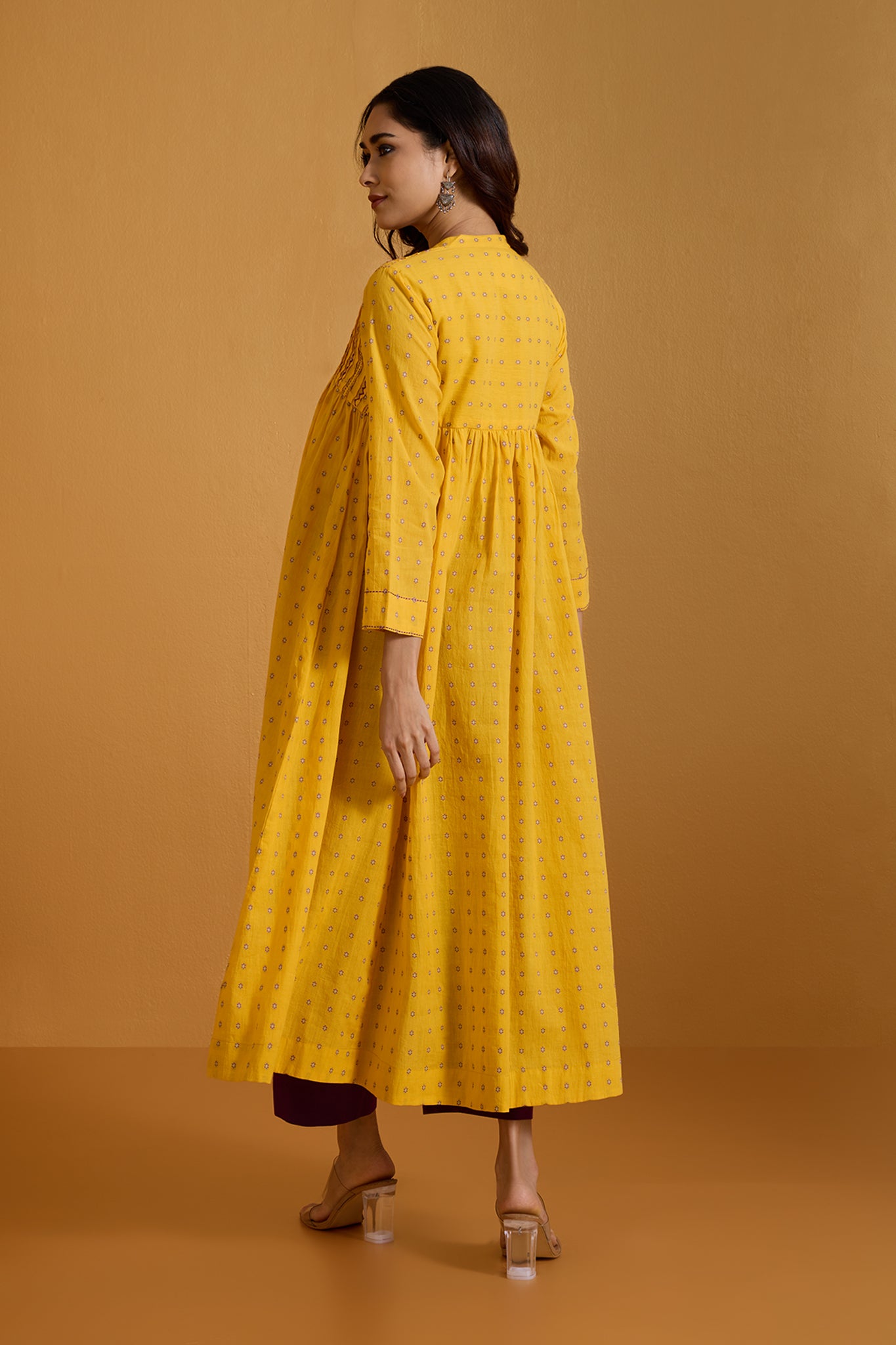 Lustrous Yellow Dots Pintuck Yoke Anarkali
