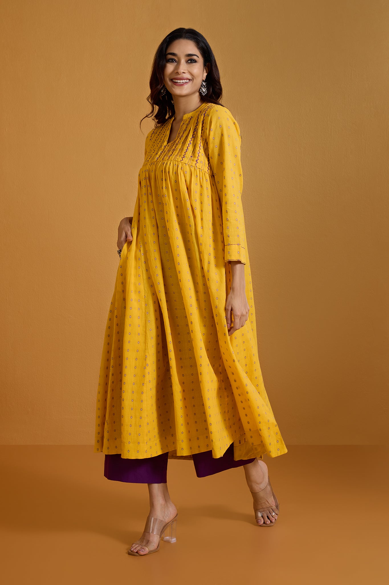 Lustrous Yellow Dots Pintuck Yoke Anarkali