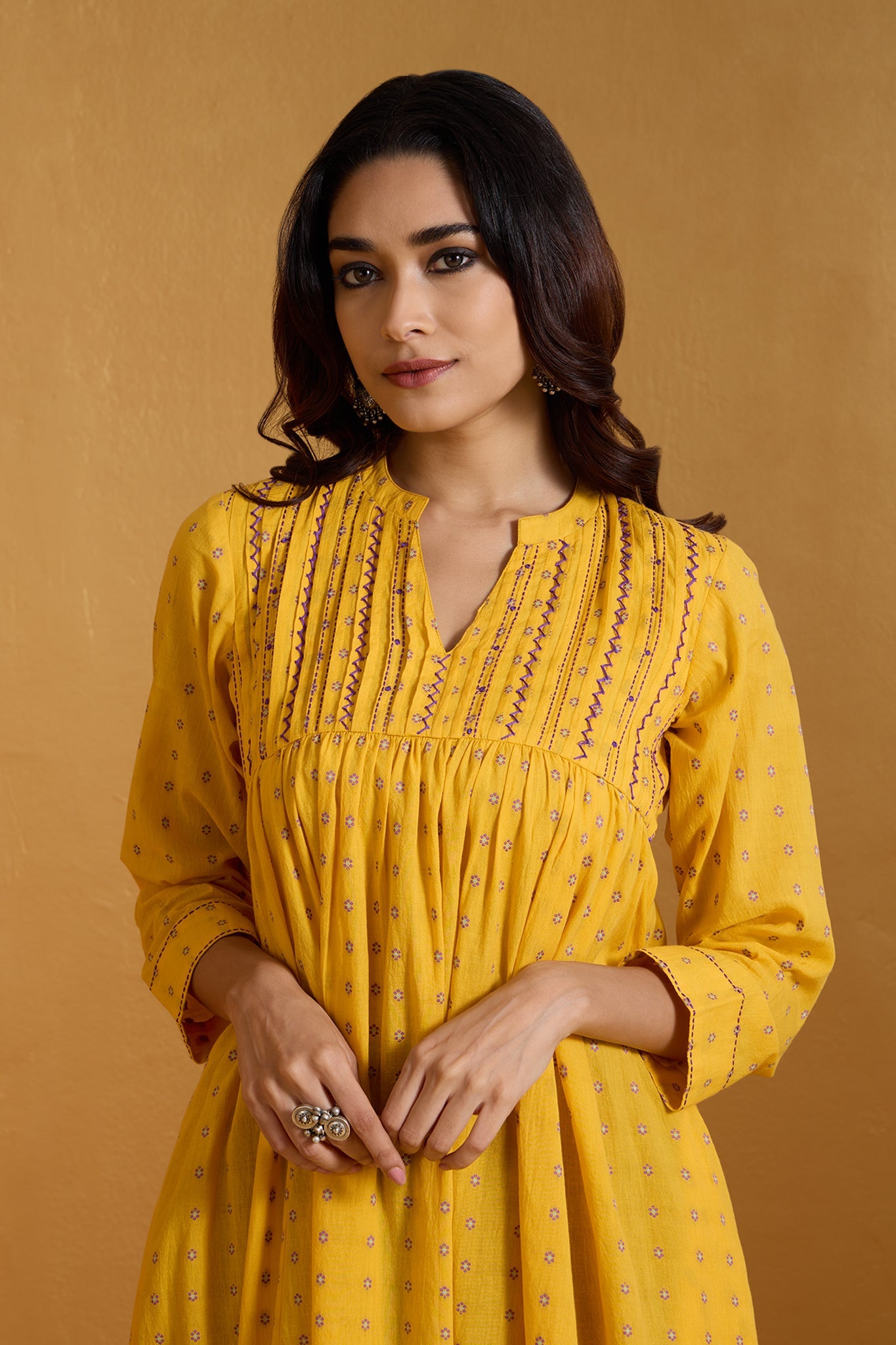 Lustrous Yellow Dots Pintuck Yoke Anarkali