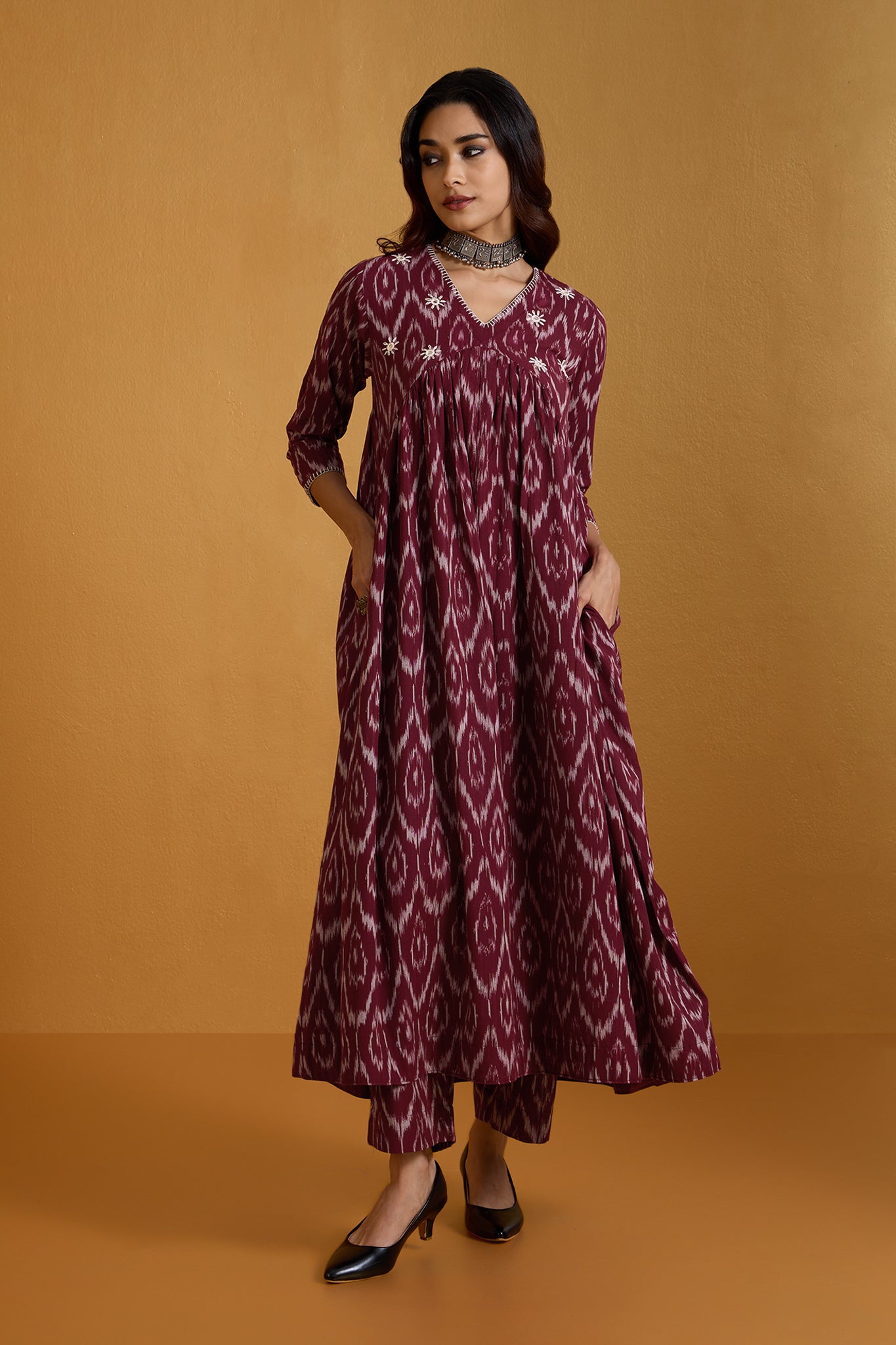 Burgundy Gaze V-Neck Gather Anarkali