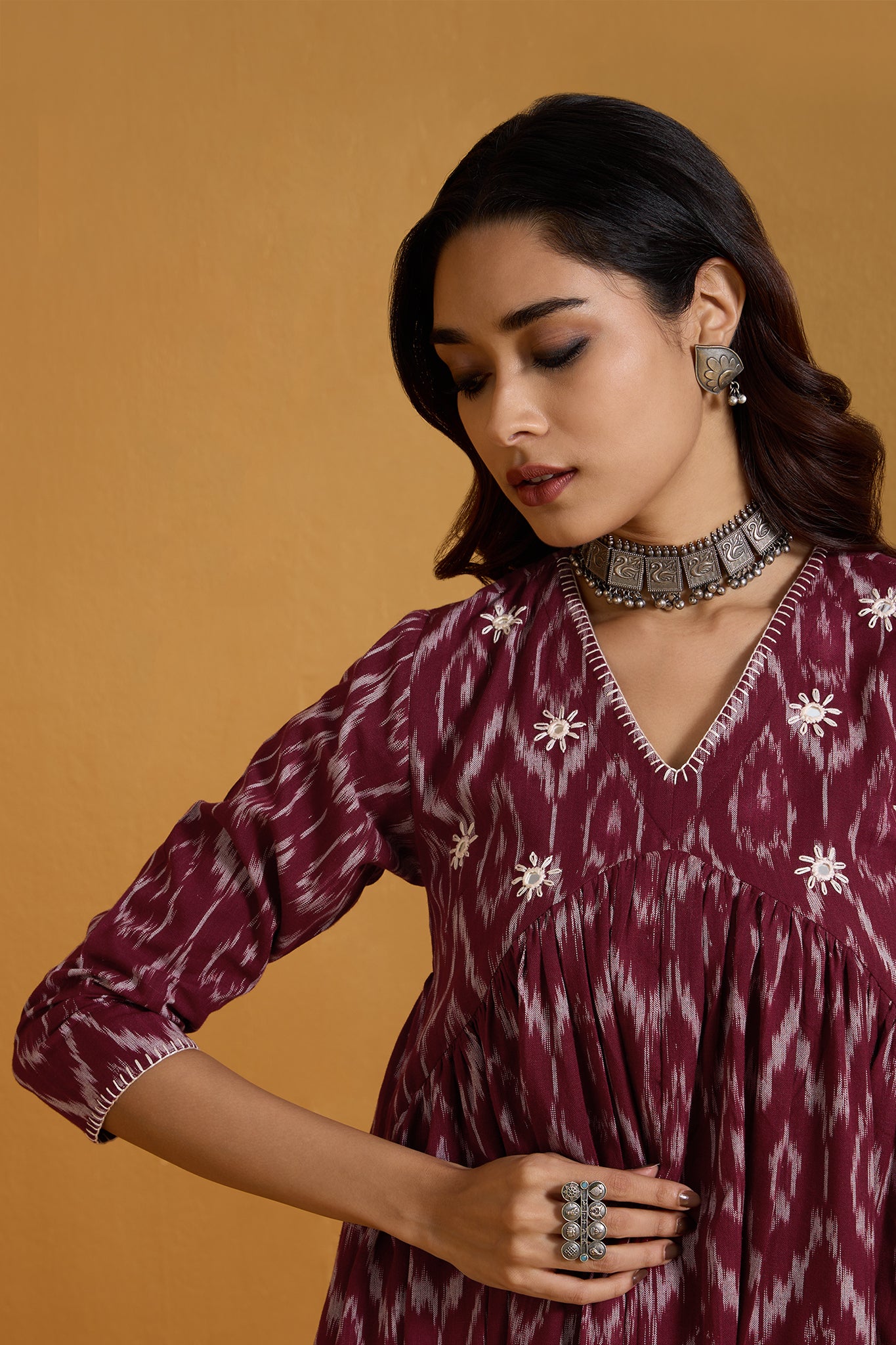 Burgundy Gaze V-Neck Gather Anarkali
