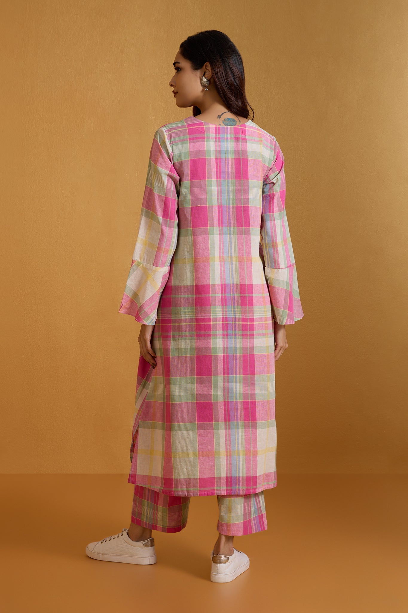 Co-ord Set Fuchsia Plaid Dream Modern Long Tunic Kurta & Pants