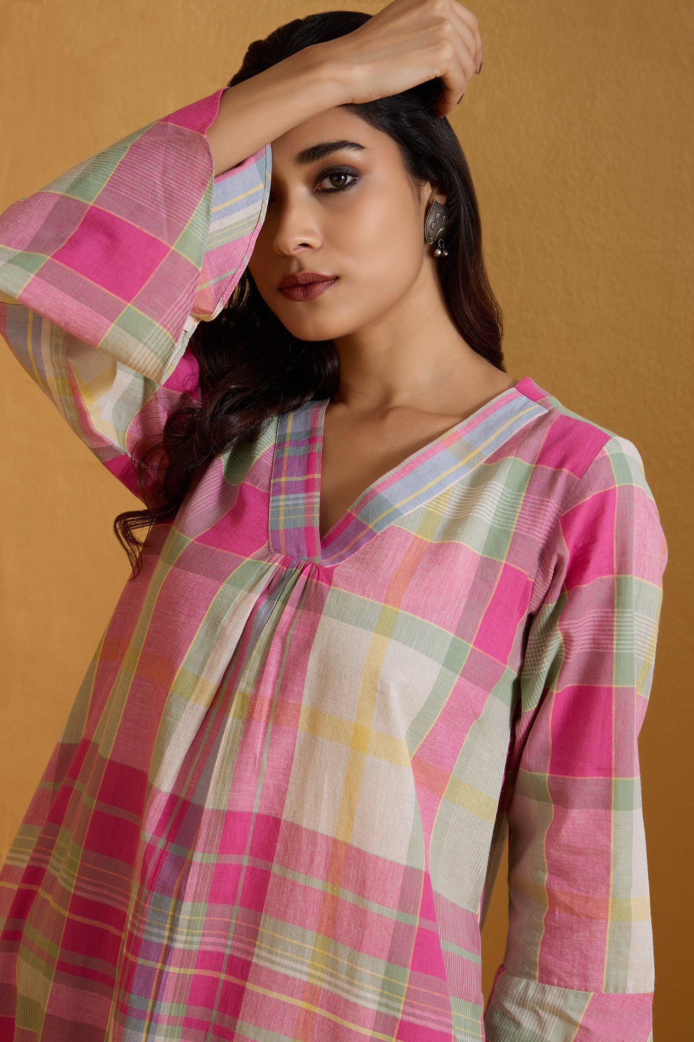 Co-ord Set Fuchsia Plaid Dream Modern Long Tunic Kurta & Pants