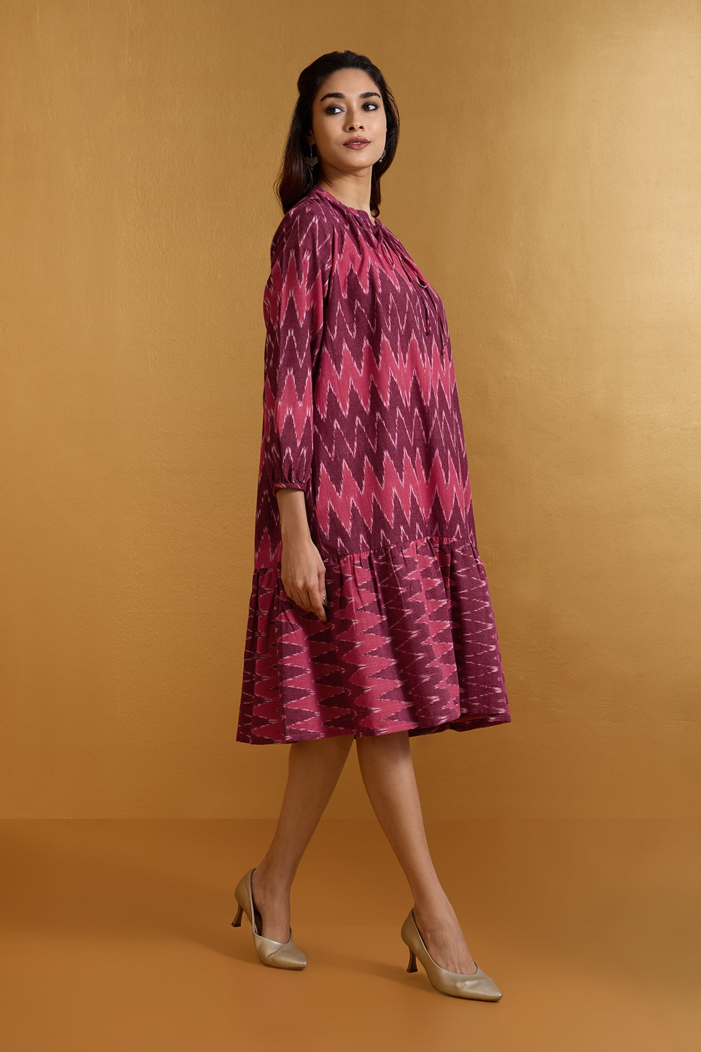 Crimson Chevron Ruffle Midi Dress