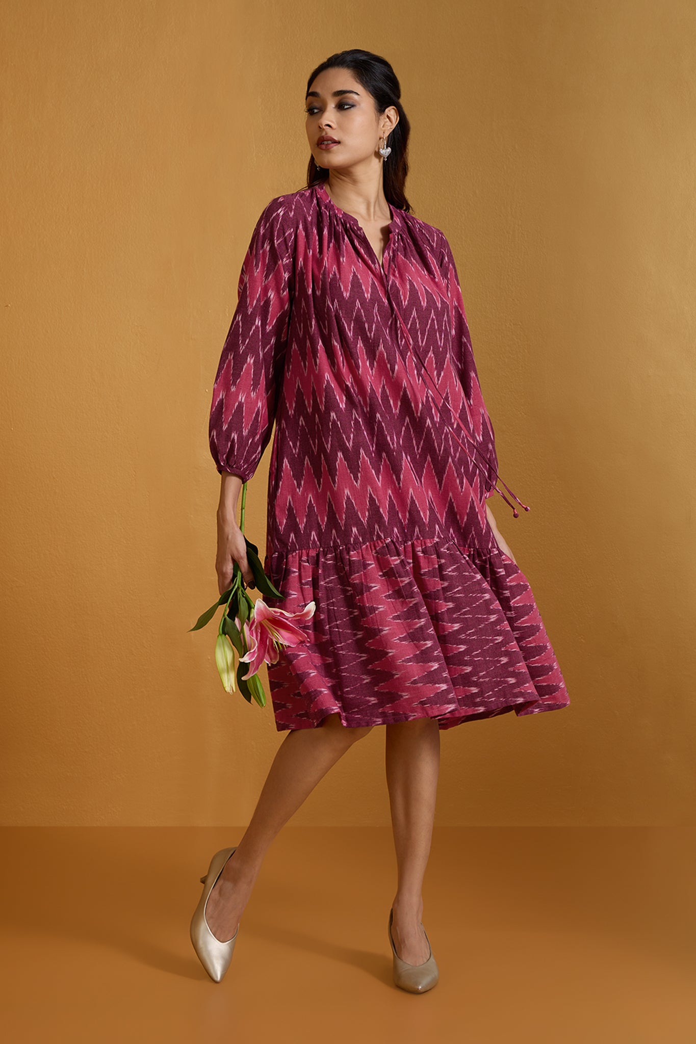 Crimson Chevron Ruffle Midi Dress