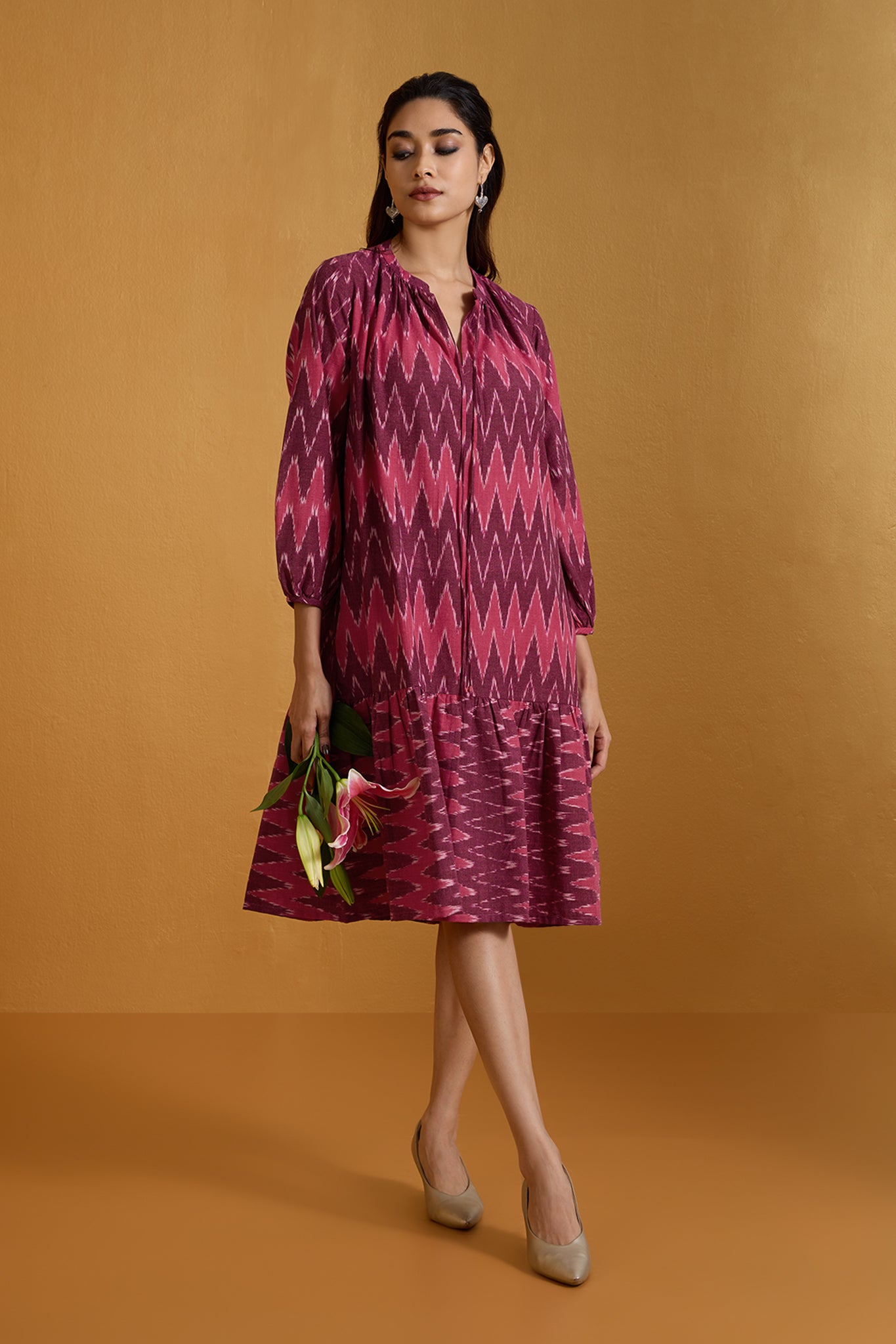 Crimson Chevron Ruffle Midi Dress