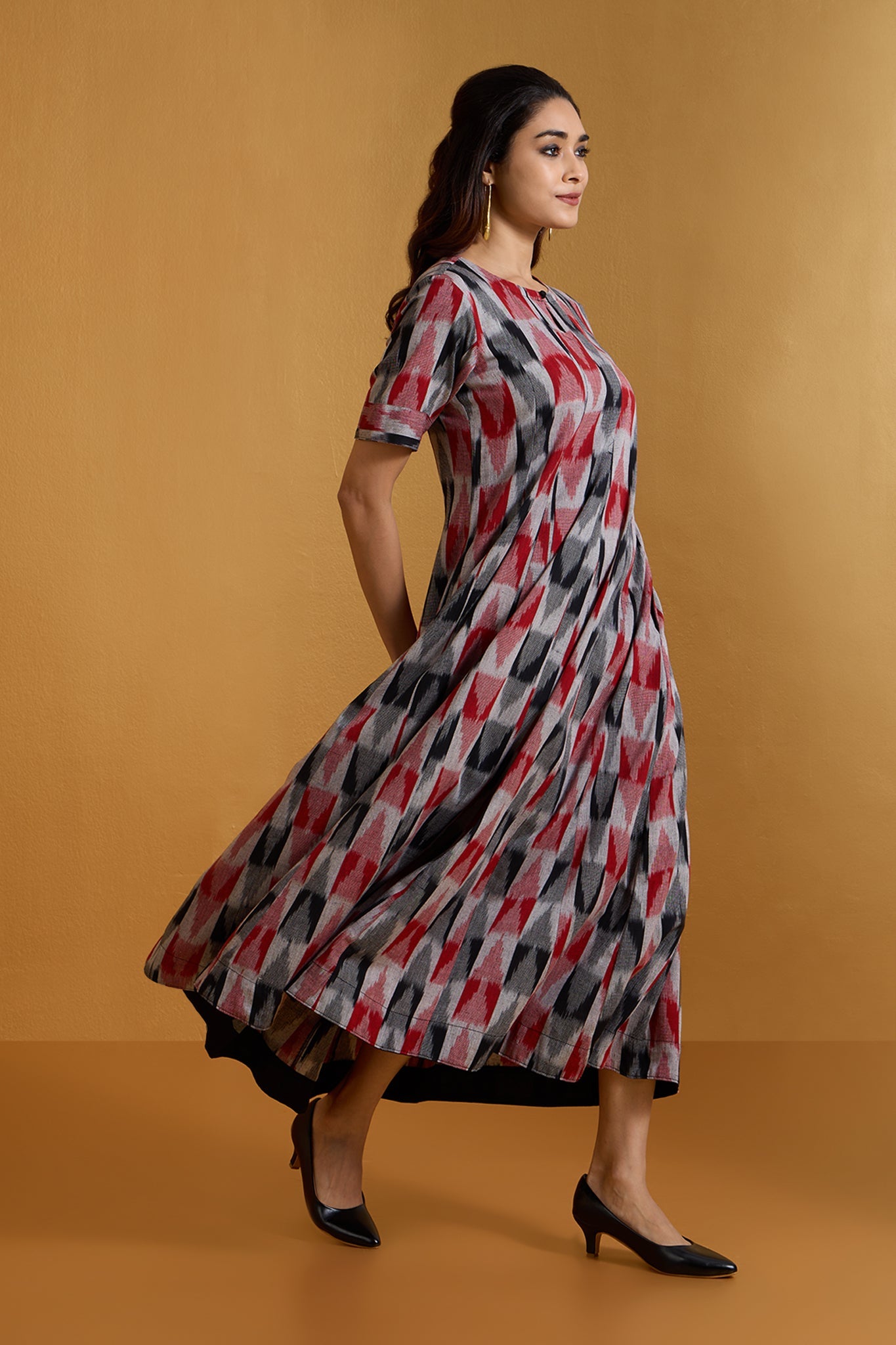 Charcoal Ruby Checks Long Maxi Dress with Sleeves