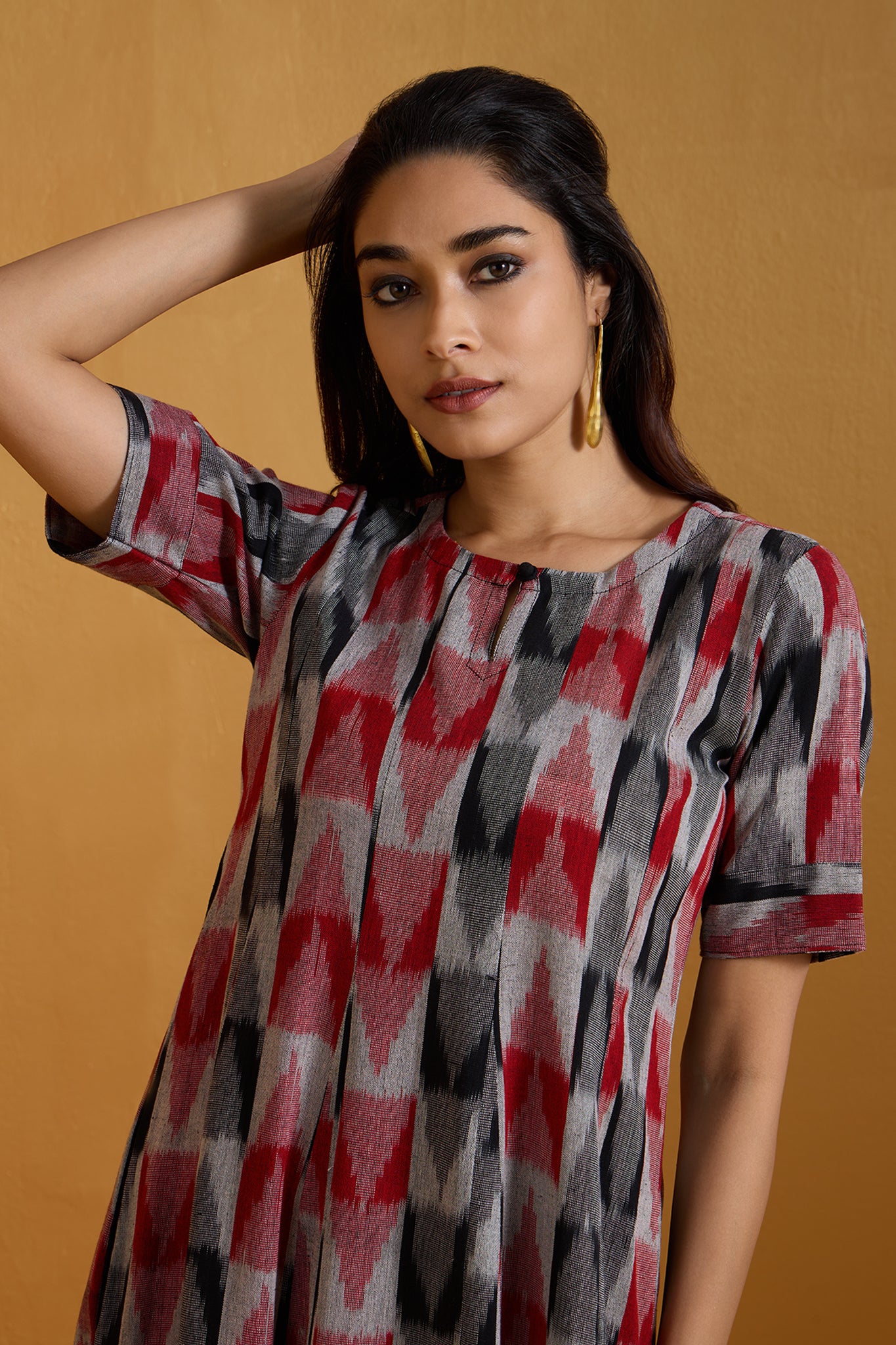 Charcoal Ruby Checks Long Maxi Dress with Sleeves
