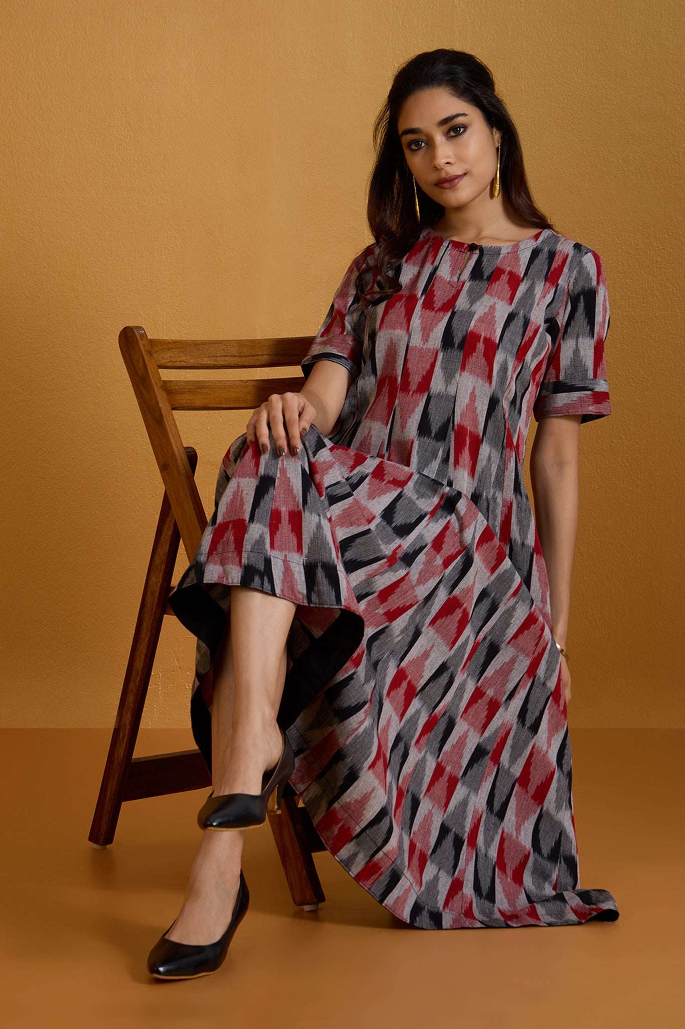 Charcoal Ruby Checks Long Maxi Dress with Sleeves