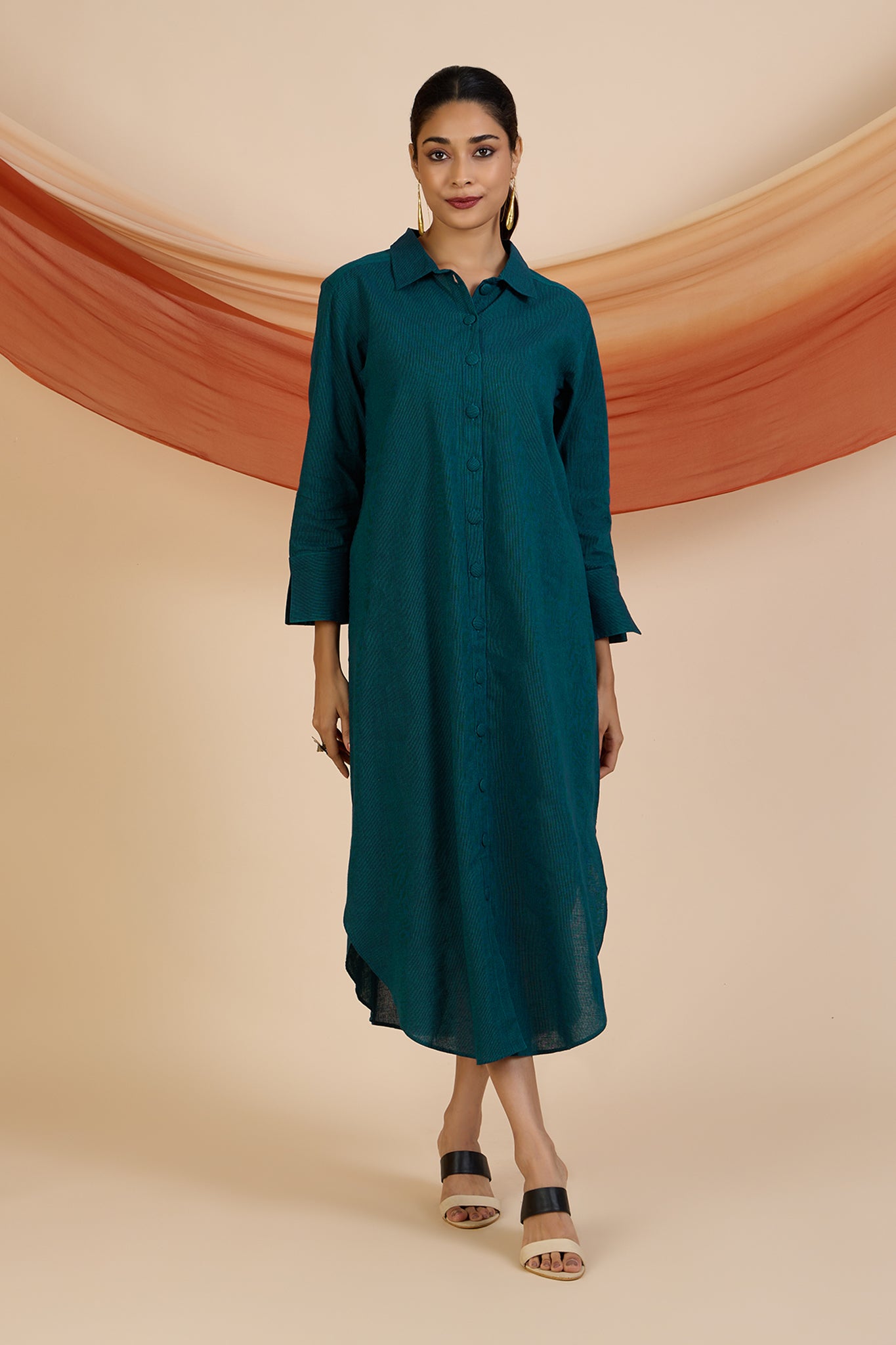 Azure Feather Lines Long Shirt Dress
